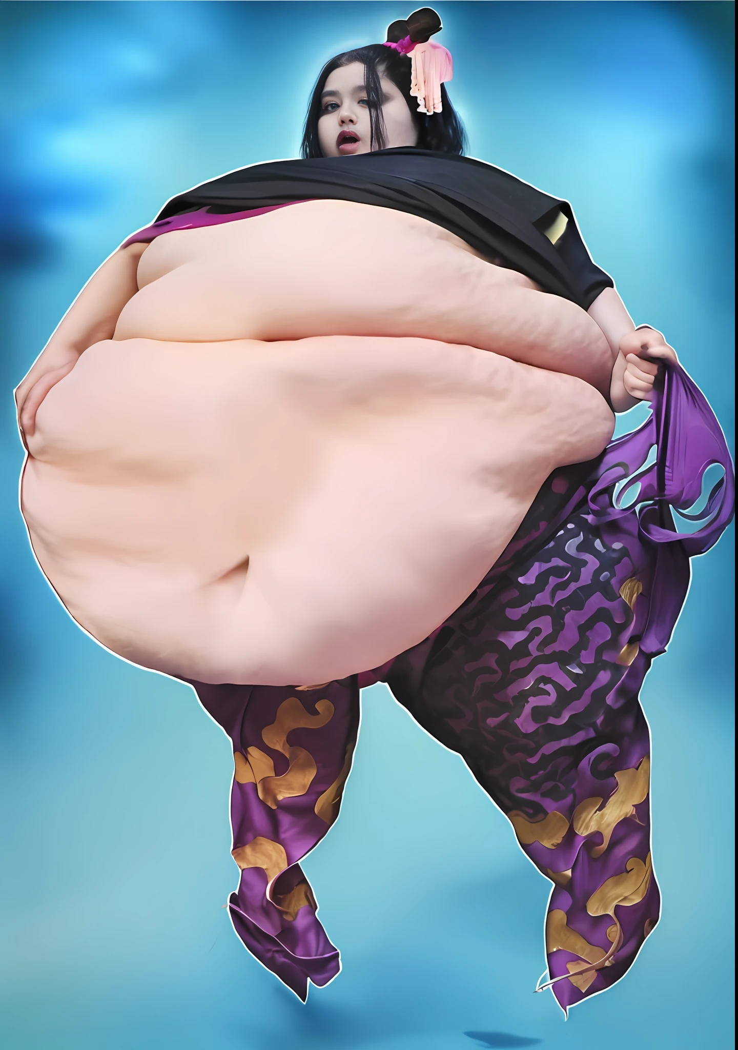 (Long ,Black hair, bun++), Male , Handsome ,Purple, Magenta and Black clothes, ((Chinese Hanfu:1.4)) , gray eyes, (scowl_Pout:1.7), Morbidly obese, Fat Belly:1.7, Thick thighs:1.8,(wide Hips:1.8 , Fat Butt:1.6) , chubby Cheeks, Multiple chins,Jiang Cheng:1.6, ((Lotus Pier back ground)), Fat Face:1.3