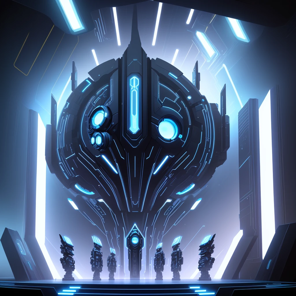 Futuristic stage design, majestic, front view, cyberpunk, universe, central composition, blue light, mystery, rich details, imaginative, 4K quality