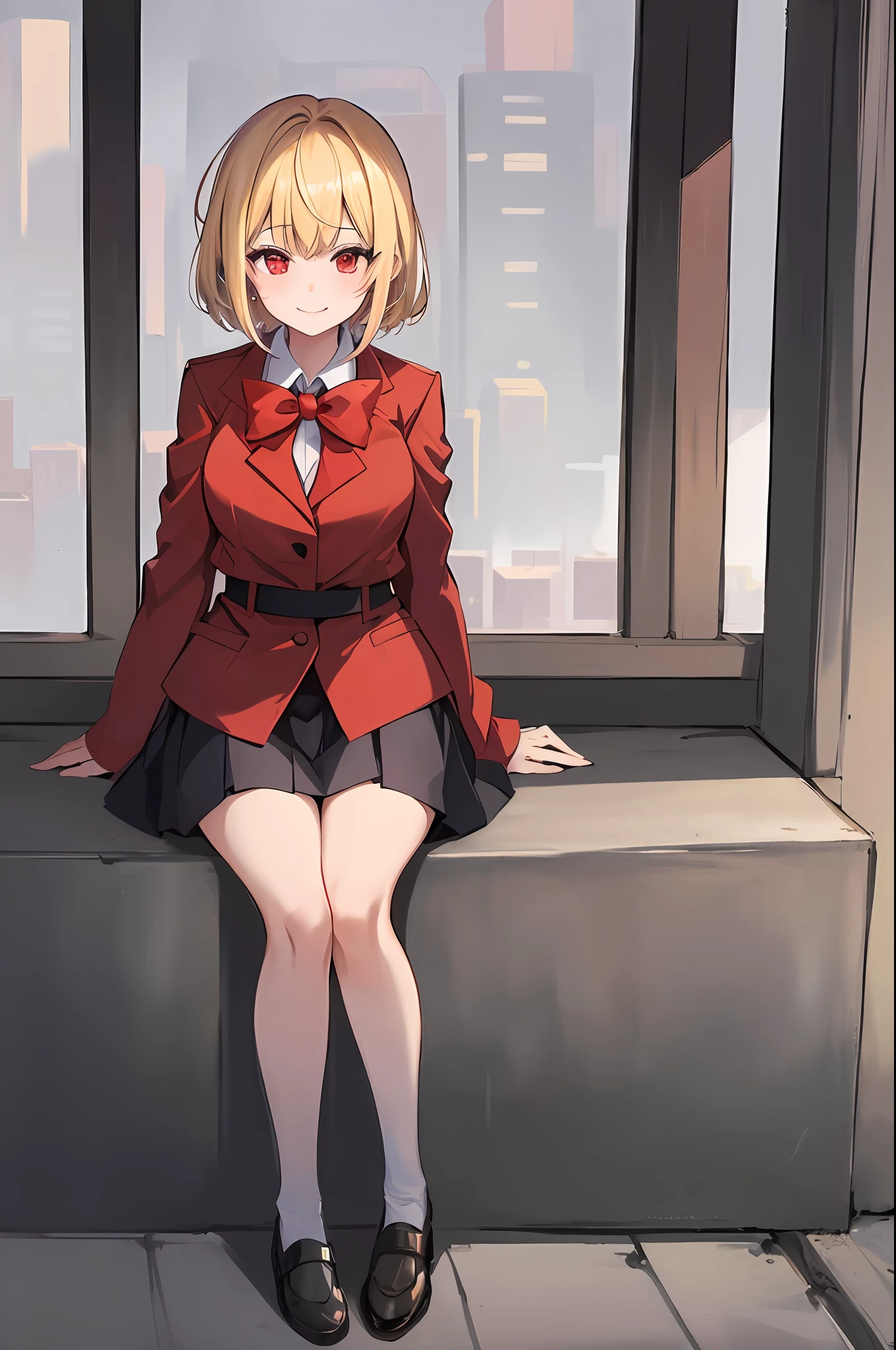 (masterpiece:1.2), (best quality:1.2), perfect lighting, 1girl, (masterpiece, best quality), chisato nishikigi, lycoris recoil, sitting on a bench, city backdrop, smiling, looking at viewer, daylight, short hair, bob hair, blonde hair, red lycoris uniform, red eyes, solo, anime girl in a red coat and skirt with a bow, yandere, anime moe artstyle, full body zenkai!