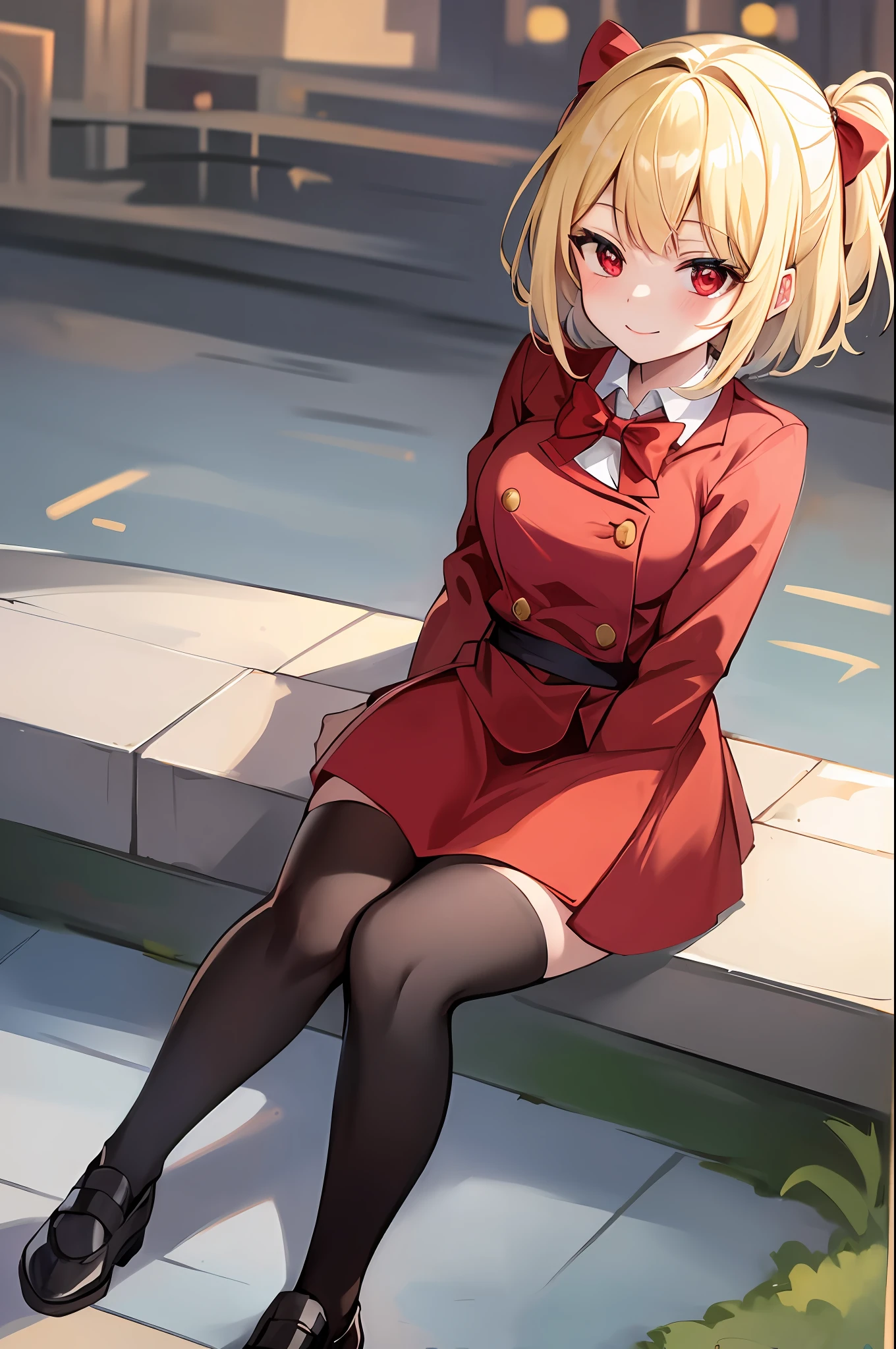 (masterpiece:1.2), (best quality:1.2), perfect lighting, 1girl, (masterpiece, best quality), chisato nishikigi, lycoris recoil, sitting on a bench, city backdrop, smiling, looking at viewer, daylight, short hair, bob hair, blonde hair, red lycoris uniform, red eyes, solo, anime girl in a red coat and skirt with a bow, yandere, anime moe artstyle, full body zenkai!