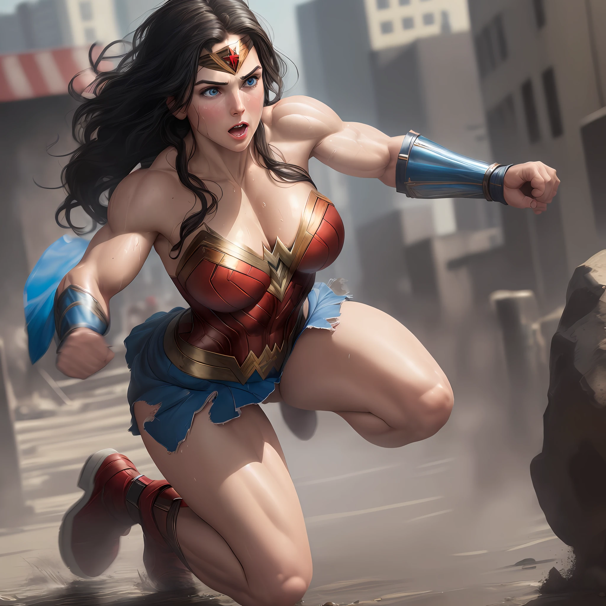 (Masterpiece:1.2), (Best Quality:1.2), Wonder Woman's photo, gorgeous realistic blue eyes, dark hair, muscular body, solo, full body, natural skin texture, sweat dripping down her face, legs and body, Soft cinematic lighting, Adobe Lightroom, city setting, fighting stance, original superhero outfit (dirty, ripped clothes, exposed clothes: 1.3), (big breasts: 1.2)