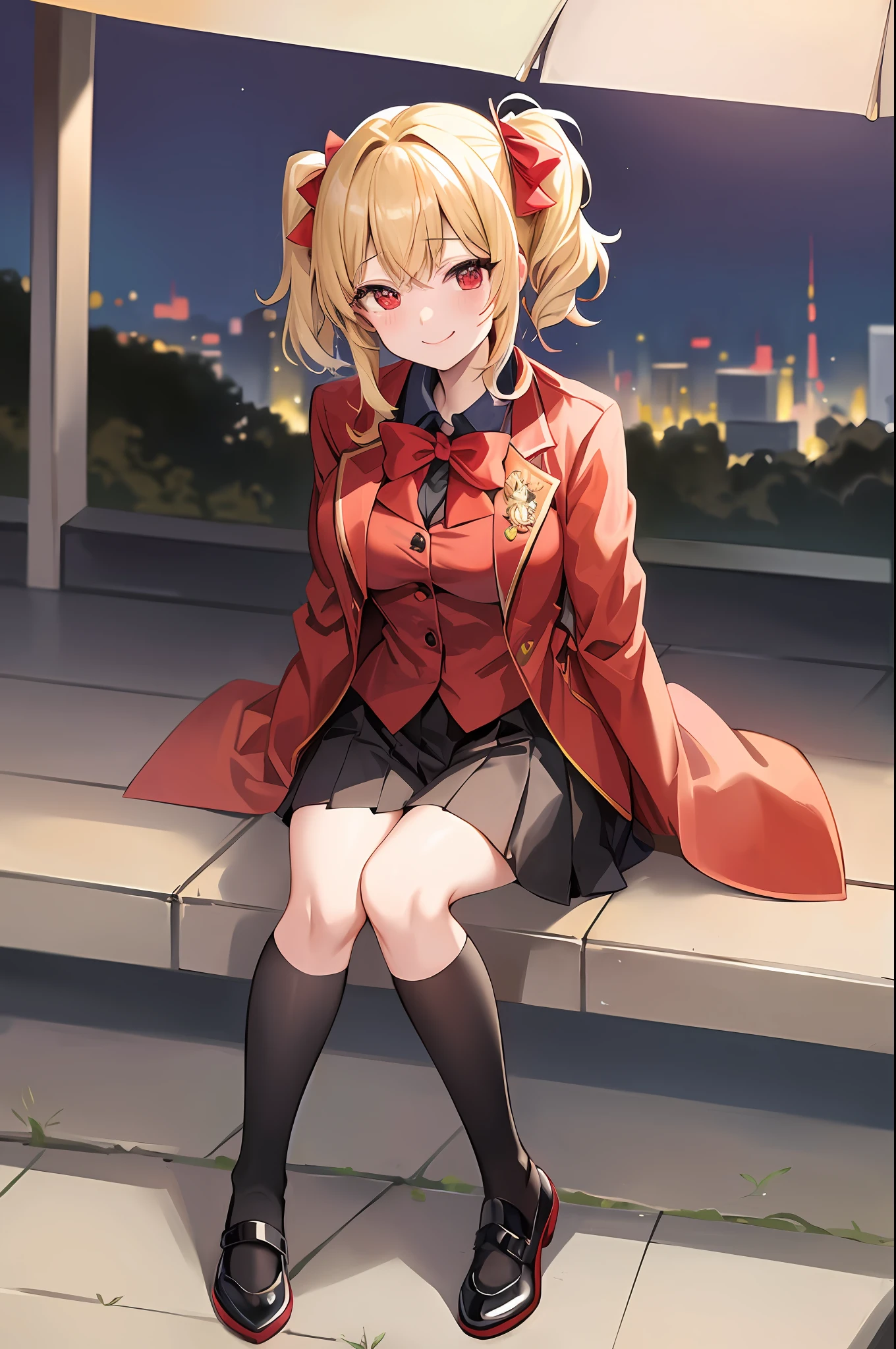 (masterpiece:1.2), (best quality:1.2), perfect lighting, 1girl, (masterpiece, best quality), chisato nishikigi, lycoris recoil, sitting on a bench, city backdrop, smiling, looking at viewer, daylight, short hair, bob hair, blonde hair, red lycoris uniform, red eyes, solo, anime girl in a red coat and skirt with a bow, yandere, anime moe artstyle, full body zenkai!