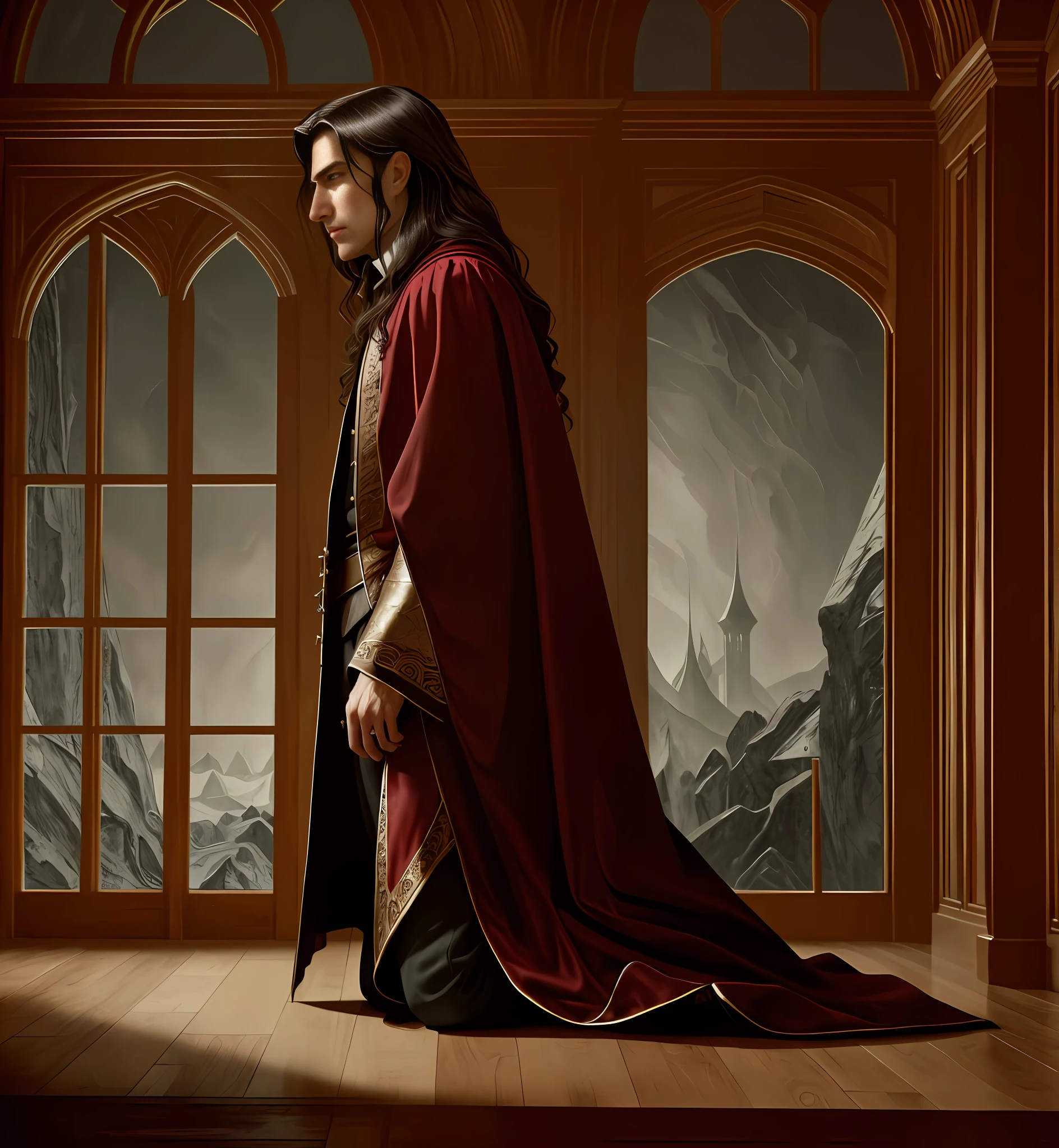 Handsome Vampire count male long dark hair, high cheekbones, kneeling, sad, beseech, fantasy plot, 16th century, art, illustration, cover, high quality long dark hair, ((medieval interior on the background)), black velvet doublet, velvet cloak, dark fantasy, art, illustration, 8k wallpaper, Amazing, finely detail, masterpiece, official art, extremely detailed CG unity 8k wallpaper, absurdres, incredibly absurdres, ultra-detailed, extremely detailed, beautiful detailed man, extremely detailed eyes and face, beautiful detailed eyes, light on face, cinematic lighting,(best quality:1.0), (ultra highres:1.0), (detailed beautiful man:0.8)