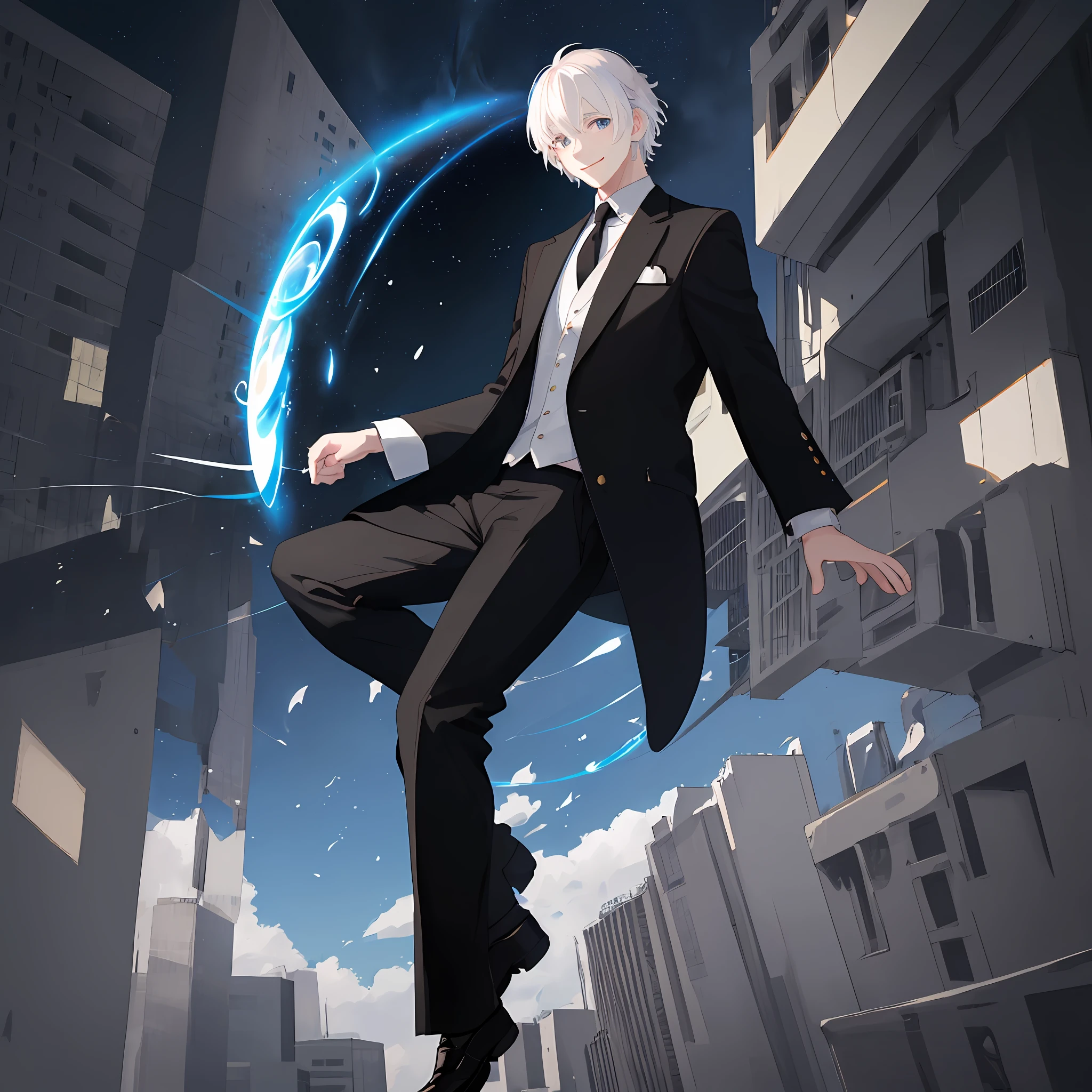 White-haired male, young man with short hair, magic black hole weight 2.2, floating, smiling, casual suit, sky above the city, tension picture, 8K, firm eyes, magic light and shadow, red and blue flame weight 2.2, circle