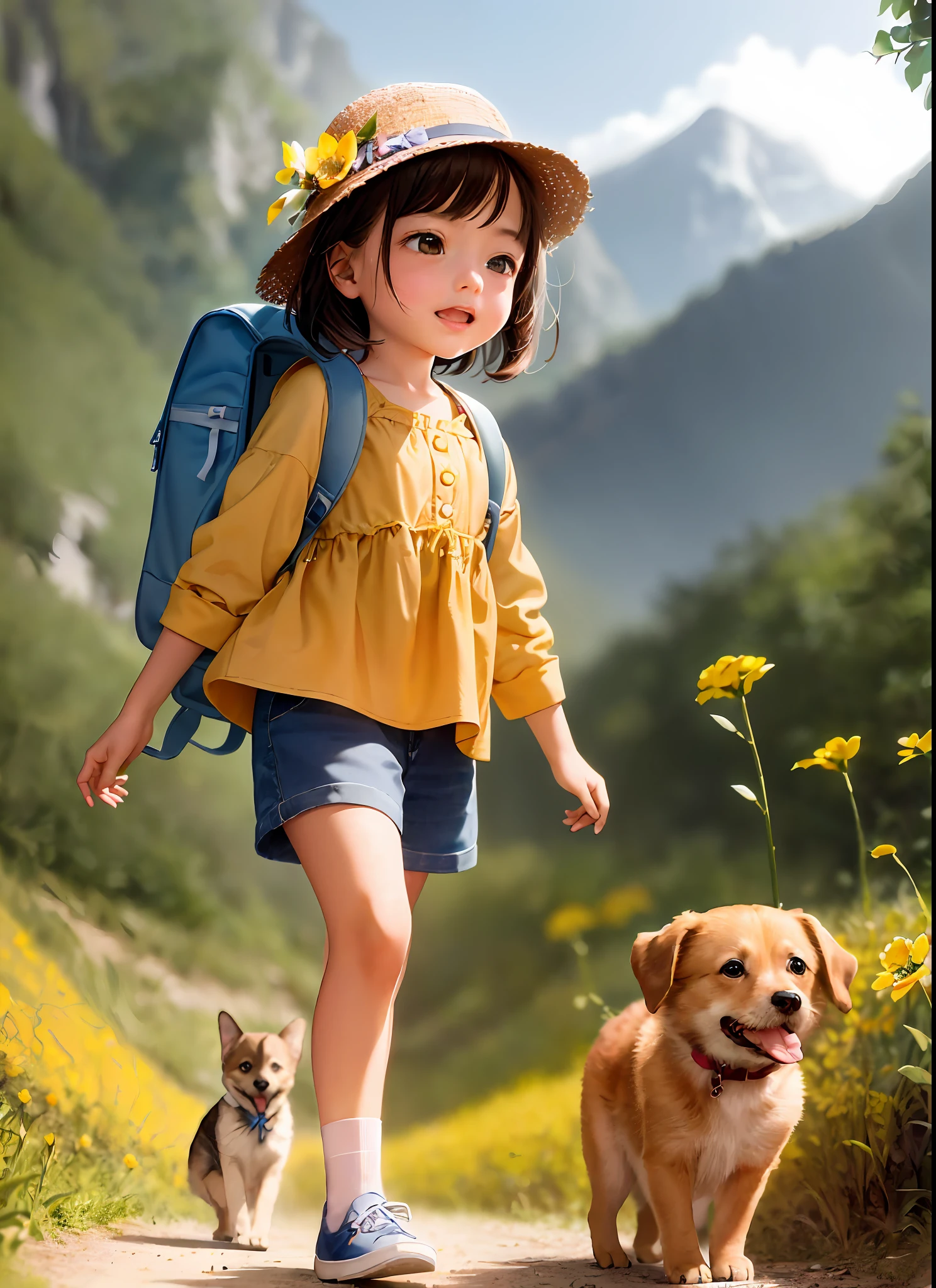 A charming little girl with a backpack is enjoying a cute spring outing surrounded by beautiful yellow flowers and nature with her cute puppy. The illustration is a high-definition illustration in 4k resolution with highly detailed facial features and cartoon-style visuals, (Butterfly Dance)