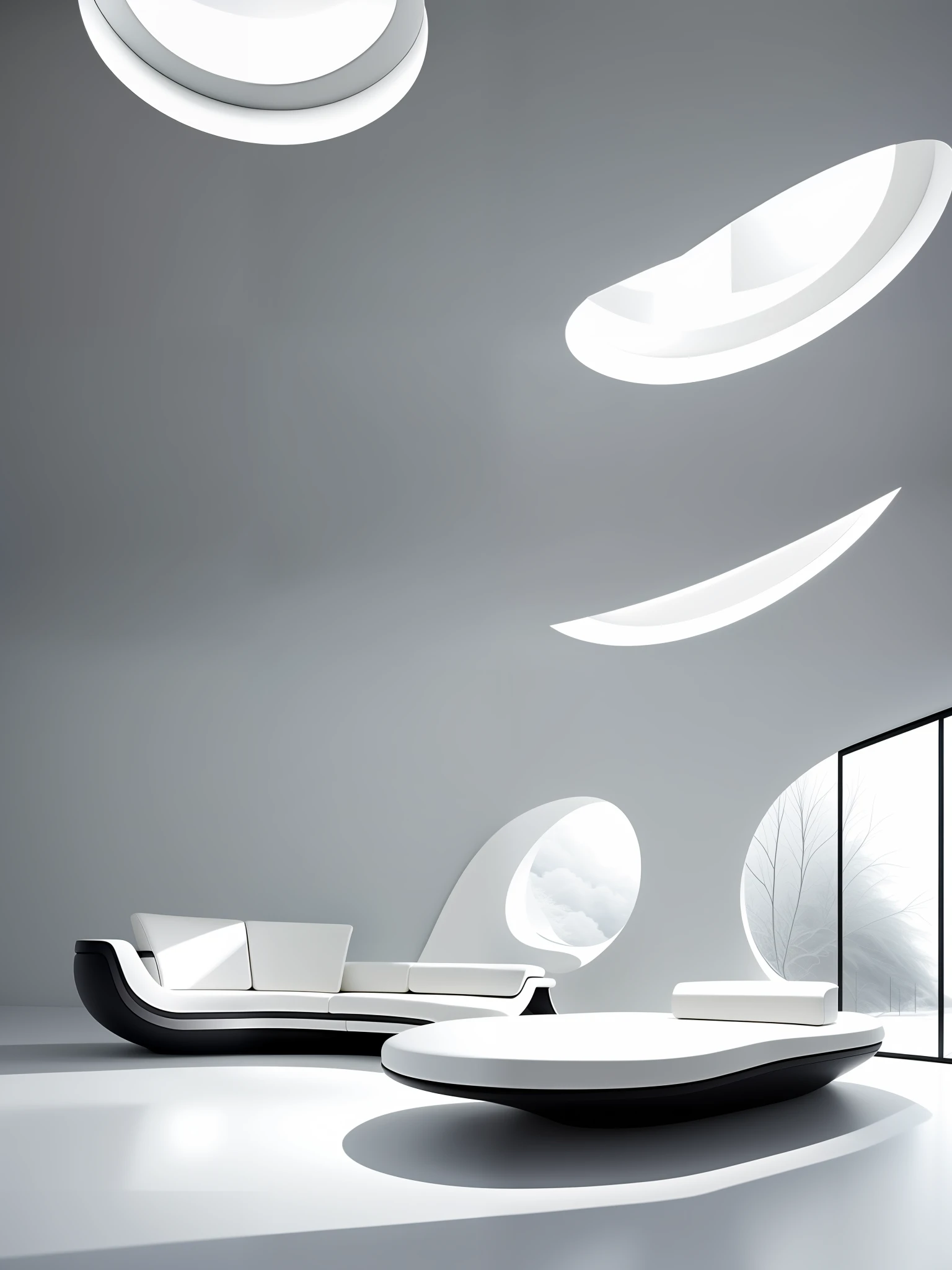 A sofa with a sci-fi feel, organic shape, Zaha style, placed in a white fantasy scene