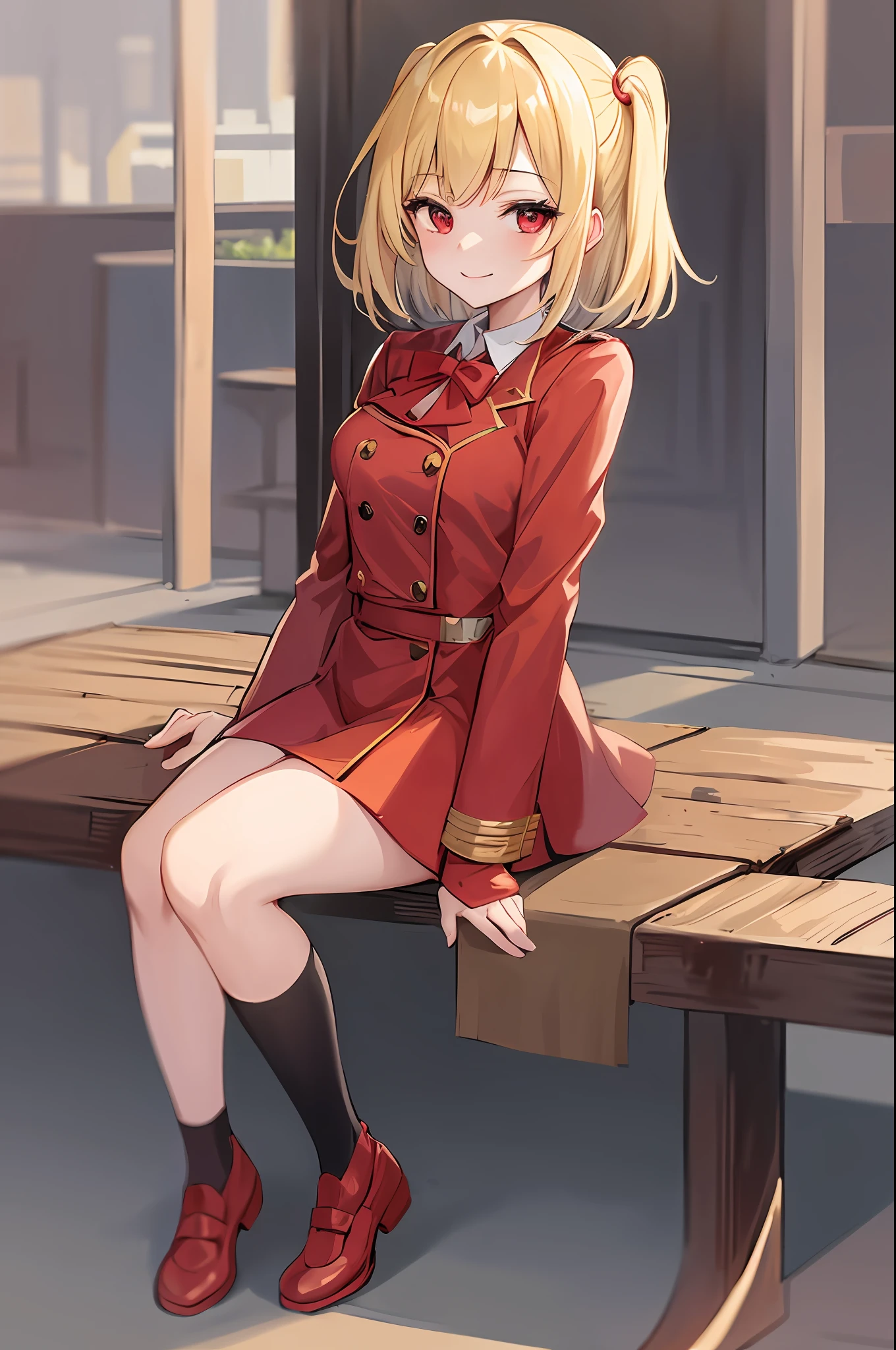 (masterpiece:1.2), (best quality:1.2), perfect lighting, 1girl, chisato nishikigi, lycoris recoil, sitting on a bench, city backdrop, smiling, looking at viewer, daylight, short hair, bob hair, blonde hair, red lycoris uniform, red eyes, solo, anime girl in a red coat and skirt with a red ribbon, yandere, anime moe artstyle, full body zenkai!