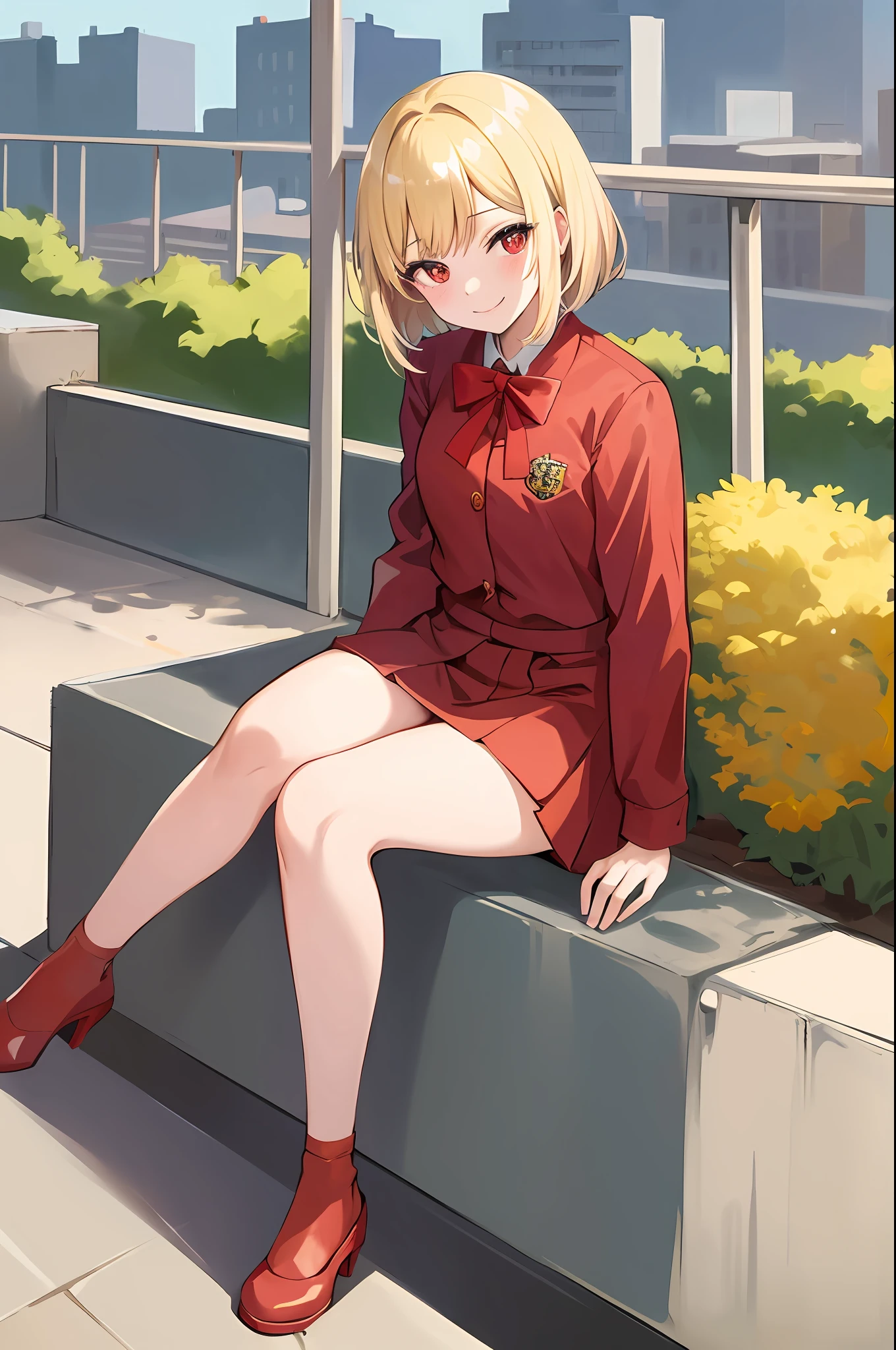 (masterpiece:1.2), (best quality:1.2), perfect lighting, 1girl, chisato nishikigi, lycoris recoil, sitting on a bench, city backdrop, smiling, looking at viewer, daylight, short hair, bob hair, blonde hair, red lycoris uniform, red eyes, solo, anime girl in a red coat and skirt with a red ribbon, yandere, anime moe artstyle, full body zenkai!