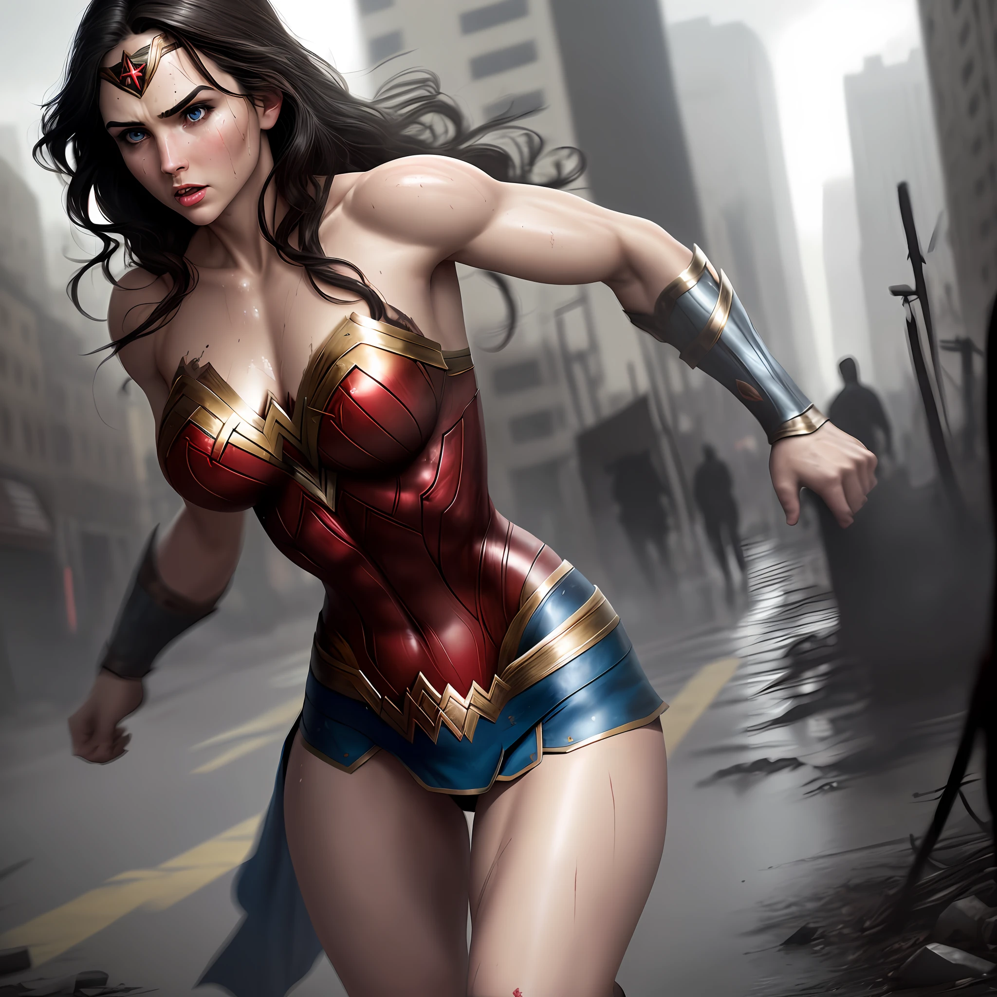 Photo of Wonder Woman, gorgeous realistic round blue eyes, dark hair, muscular body, solo, full body, natural skin texture, face, legs and body sweat dripping, soft cinematic lighting, Adobe Lightroom, ruined city background , moody and gloomy atmosphere with a black background, fighting posture, superhero torn costumes (bruises, dirty, torn clothes, exposed clothes, blood: 1.3), (big breasts: 1.3),