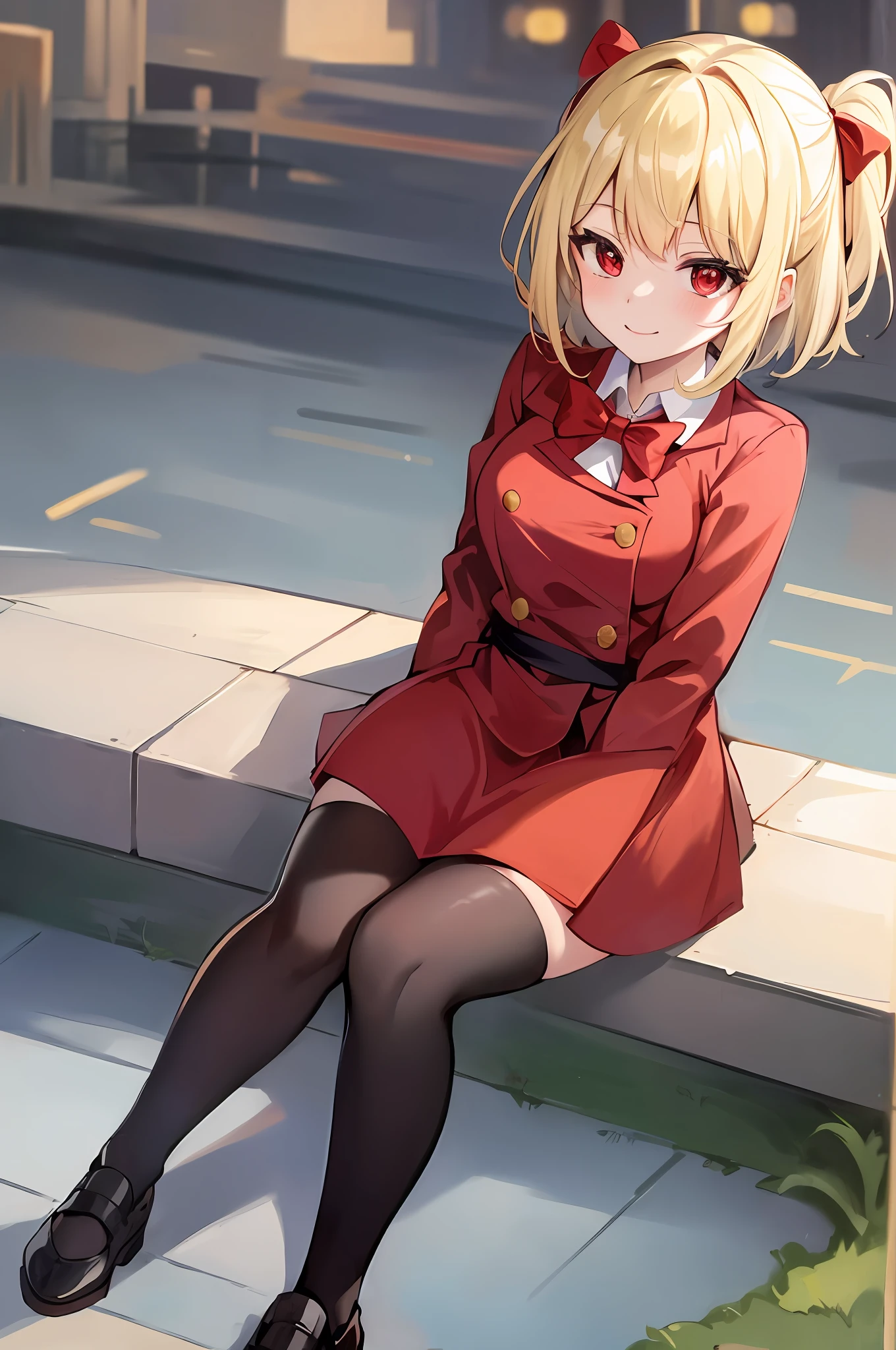 (masterpiece:1.2), (best quality:1.2), perfect lighting, 1girl, chisato nishikigi, lycoris recoil, sitting on a bench, city backdrop, smiling, looking at viewer, daylight, short hair, bob hair, blonde hair, red lycoris uniform, red eyes, solo, anime girl in a red coat and skirt with a red ribbon, yandere, anime moe artstyle, full body zenkai!