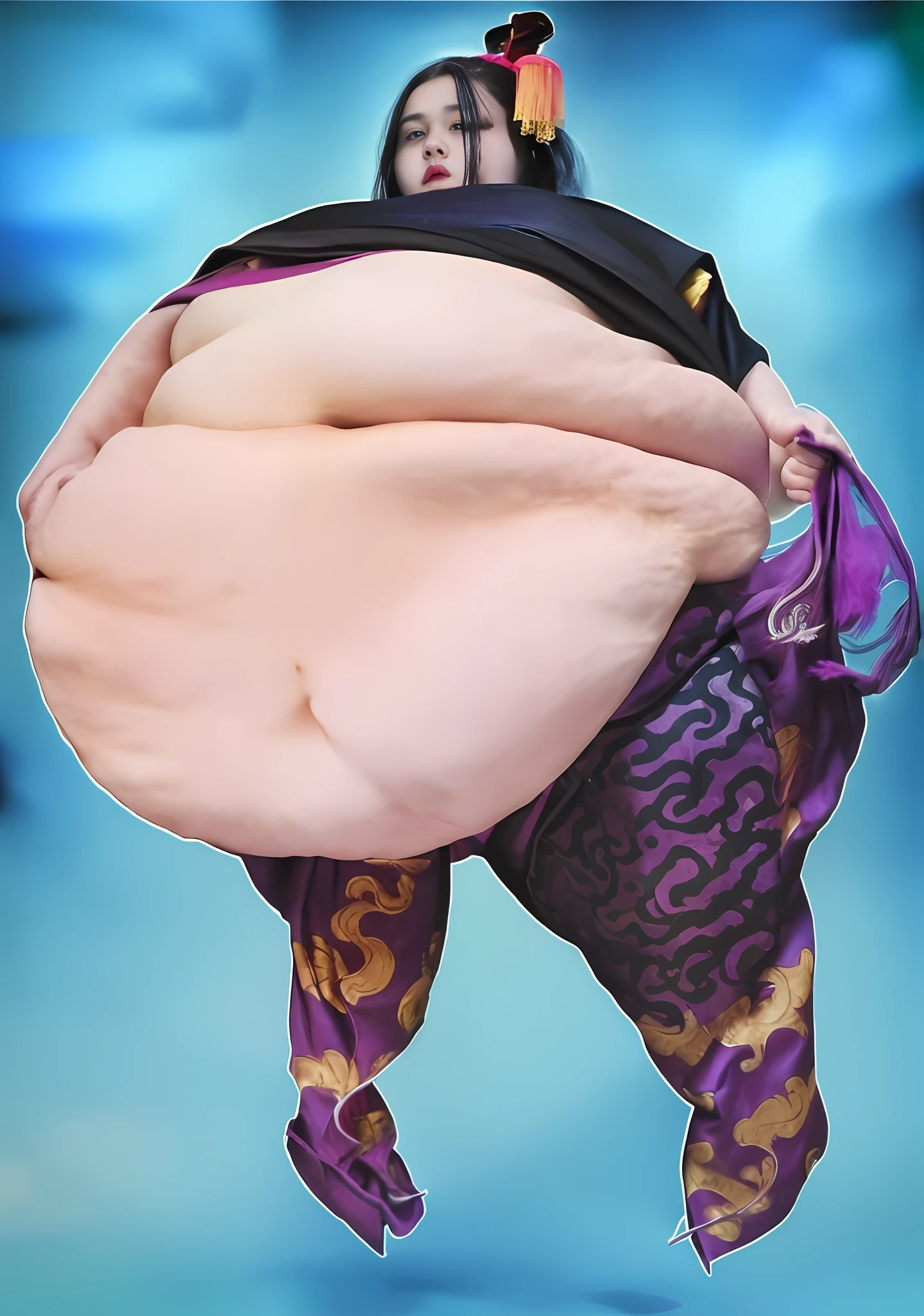 (Long ,Black hair, bun++), Male , Handsome ,Purple, Magenta and Black clothes, ((Chinese Hanfu:1.4)) , gray eyes, (scowl_Pout:1.7), mega Fat:1.5, Fat Belly:1.7, Thick thighs:1.8,(wide Hips:1.85 , Fat Butt:1.6) , chubby Cheeks:1.6, Multiple chin:1.54,Jiang Cheng:1.6, ((Lotus Pier back ground)), Fat Face:1.3