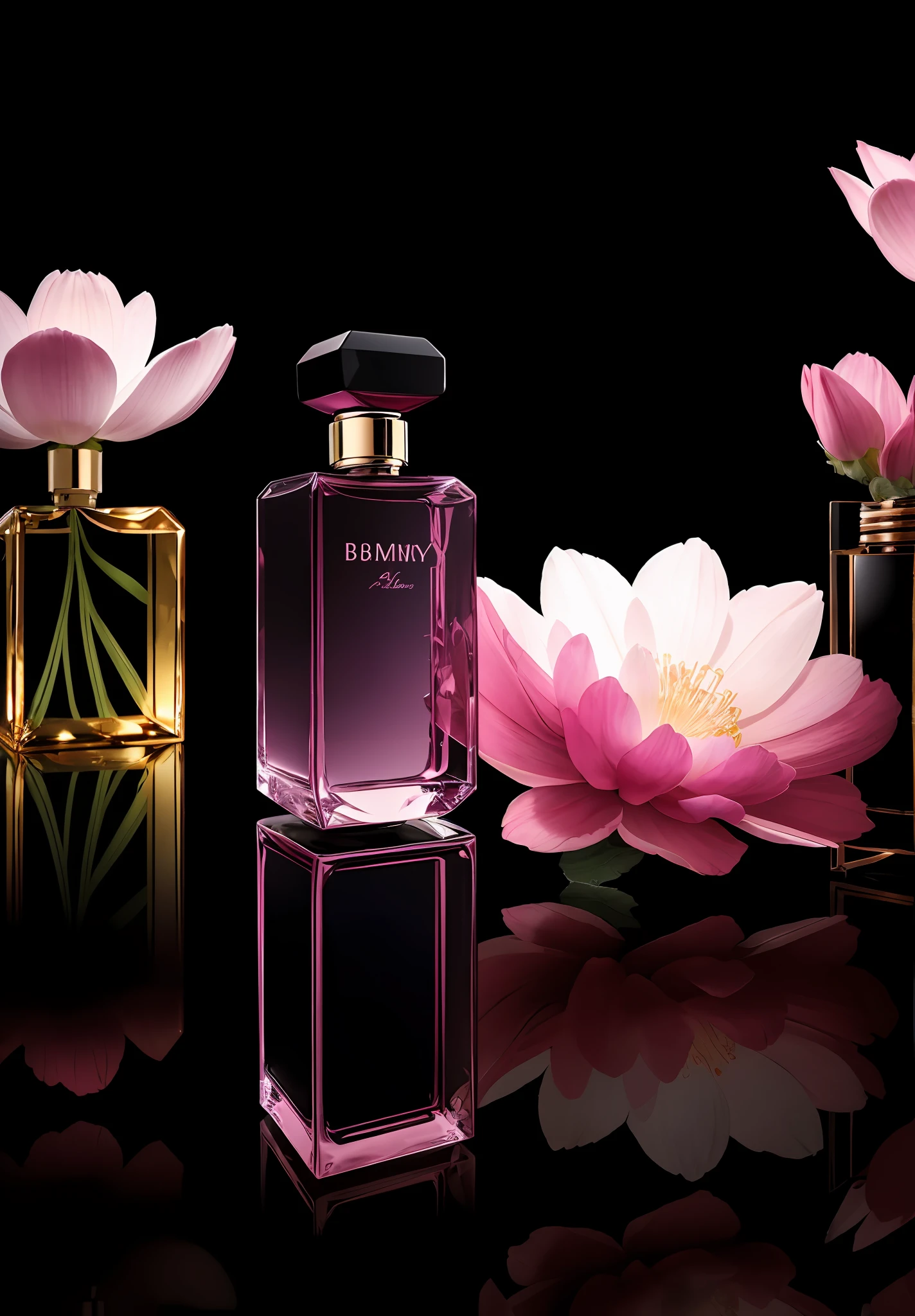 A luxurious perfume bottle, a third of the size of the picture, biomimicry, hyper-realistic, photo, photography composition, background with forest, flowers, vibrant colors, silky smooth background, 4k, caustics, full frame, Delicate glass texture, black background, wonderful reflection --v 6