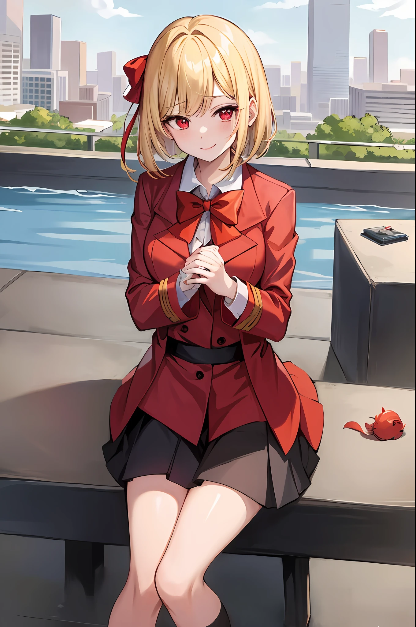 (masterpiece:1.2), (best quality:1.2), perfect lighting, 1girl, (masterpiece, best quality), chisato nishikigi, lycoris recoil, sitting on a bench, city backdrop, smiling, looking at viewer, daylight, short hair, bob hair, blonde hair, red lycoris uniform, red eyes, solo, anime girl in a red coat and skirt with a bow, yandere, anime moe artstyle, full body zenkai!