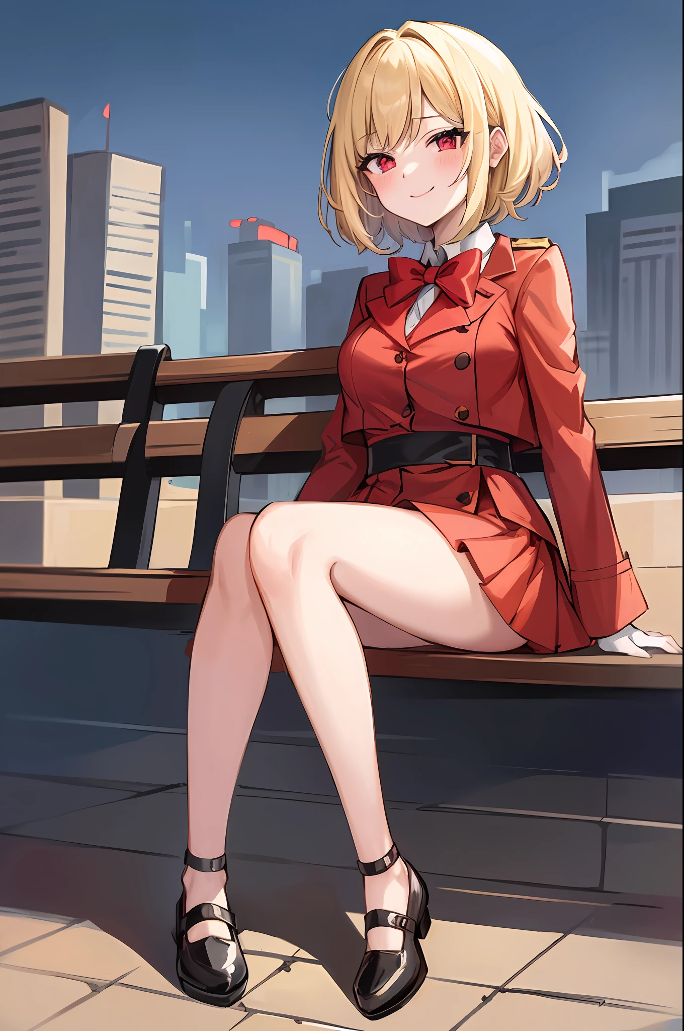 (masterpiece:1.2), (best quality:1.2), perfect lighting, 1girl, (masterpiece, best quality), chisato nishikigi, lycoris recoil, sitting on a bench, city backdrop, smiling, looking at viewer, daylight, short hair, bob hair, blonde hair, red lycoris uniform, red eyes, solo, anime girl in a red coat and skirt with a bow, yandere, anime moe artstyle, full body zenkai!
