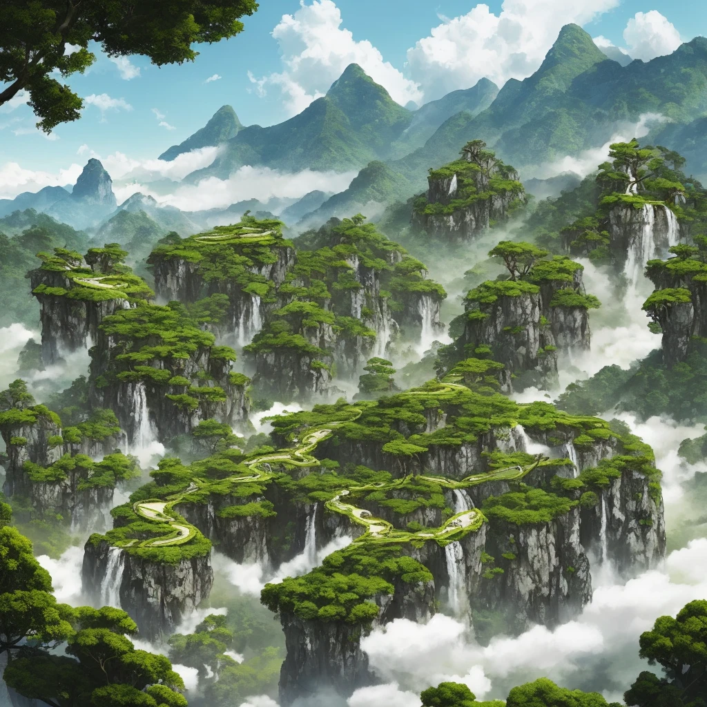 A circular tea product packaging design picture, big Pu-erh tea trees grow out of the cracks in the stones, green water and green mountains, ecological nature, egrets flying to the clouds, super details, masterwork, ink painting style