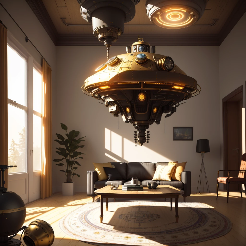 Great Living room, one small organic steampunk mechanical scifi ufo sitting on the floor carpet, minimalistic, Scandinavian style, golden hour, volume lights, vray