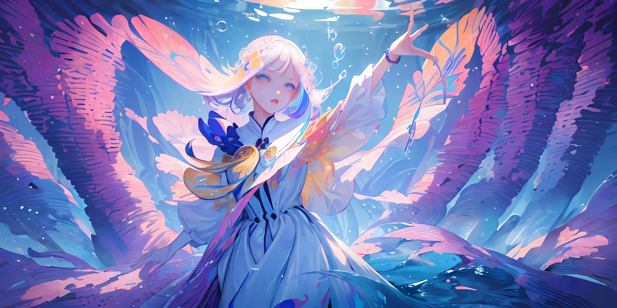 (masterpiece), (best quality), (super detailed), (illustration), (1girl), (fashionable clothing), standing, mannequin, looking at viewer, (interview), (simple background), beauty of beauty, ( Highlight and degree), (colorful water splash), colorful bubbles, (shiny), focus face, --v 6