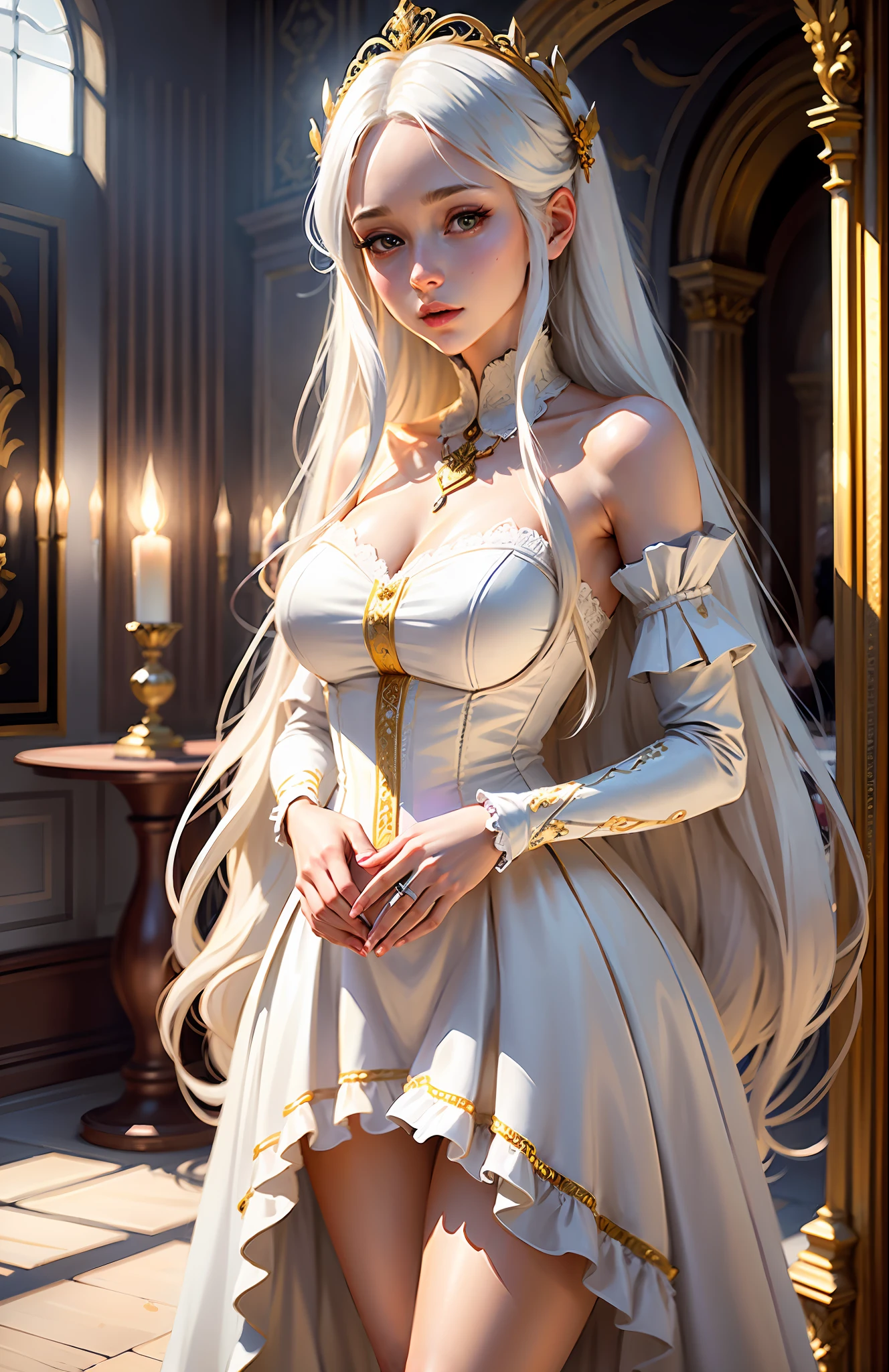 masterpiece, highest quality, solo focus, (perfect face:1.1) , (high detail:1.1), (romantic, 1.5), (long White hair:1.3) novel cover, delicate legs, 1 delicate woman, Wearing a beautiful white Victorian dress:1.3, gold jewelry:1.3, long White hair:1.3, Holding a candle lamp 1.2), (In a beautiful palace, daytime, bright light:1.3), young Women, longing posture, hyper detailed, digital art, studio quality, smooth render, unreal engine 5 render, octane render, 8K, Girl with European and Korean features, 1800 dress,