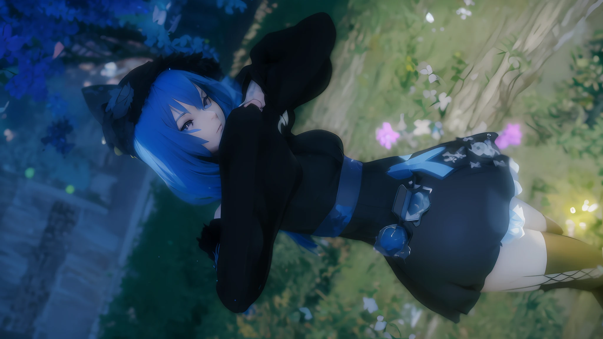 there is a woman with blue hair and a black top, anime style. 8k, rem rezero, anime styled 3d, black and blue, noire photo, spellcasting pose, 2b, 2 b, noire moody scene, anime highly detailed, noire, with blue hair, taken with canon 8 0 d, [ 4 k photorealism ]!!