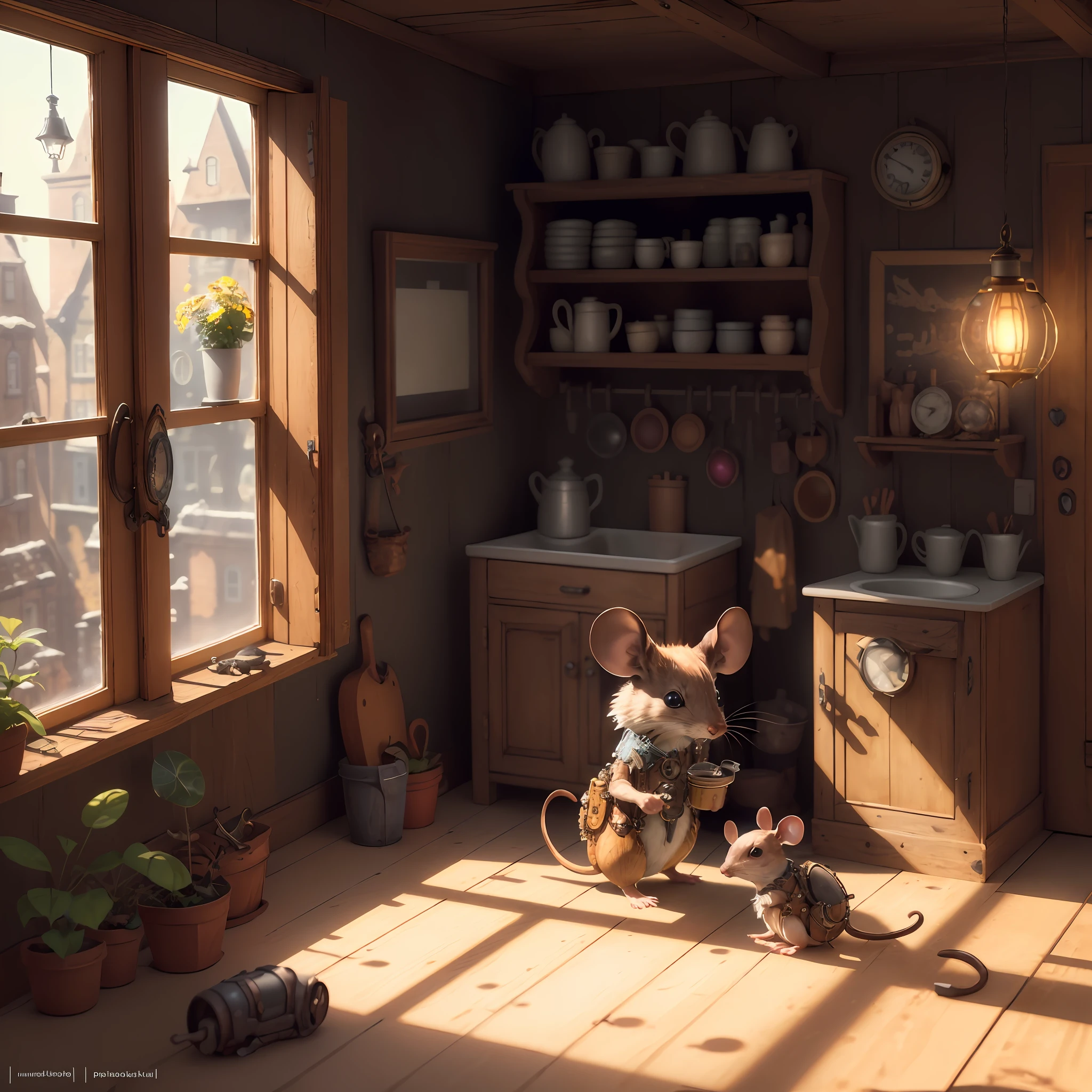 SolarpunkAI window, High quality photo, small steampunk mouse on the floor, ultra high res, (photorealistic:1.4), cinema lighting, insanely detailed, hyper realistic, fine details, octane render