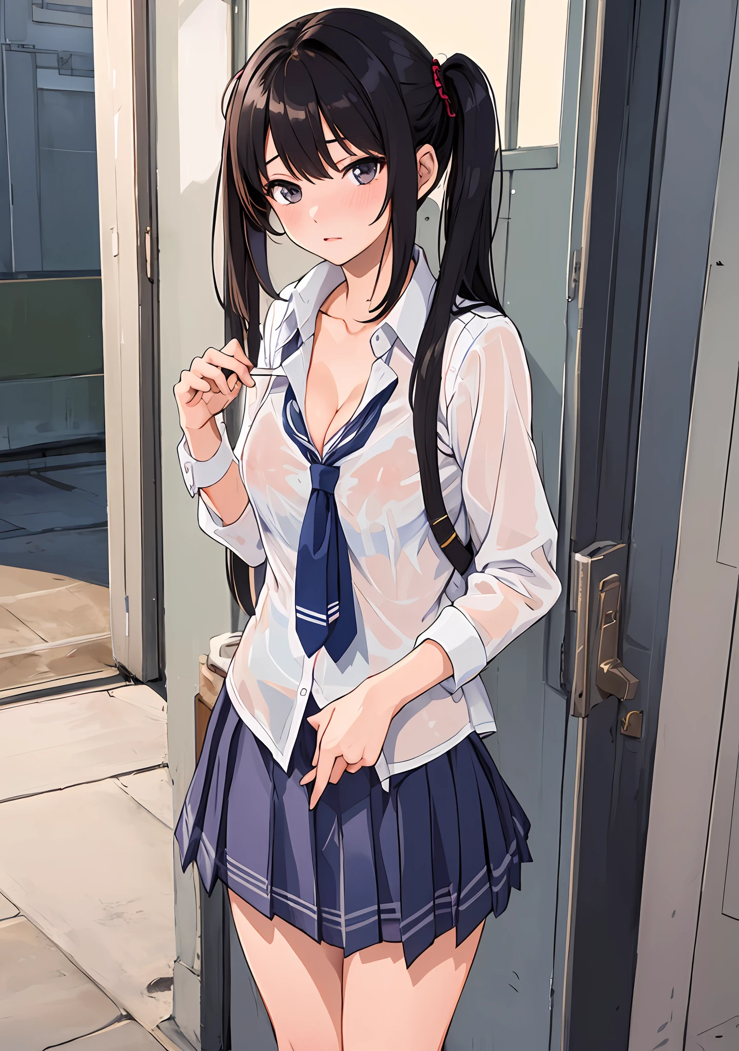 (masterpiece, best quality), 1girl, nsfw, schoolgirl uniform, shy, showing off, cleavage, panties,, see through