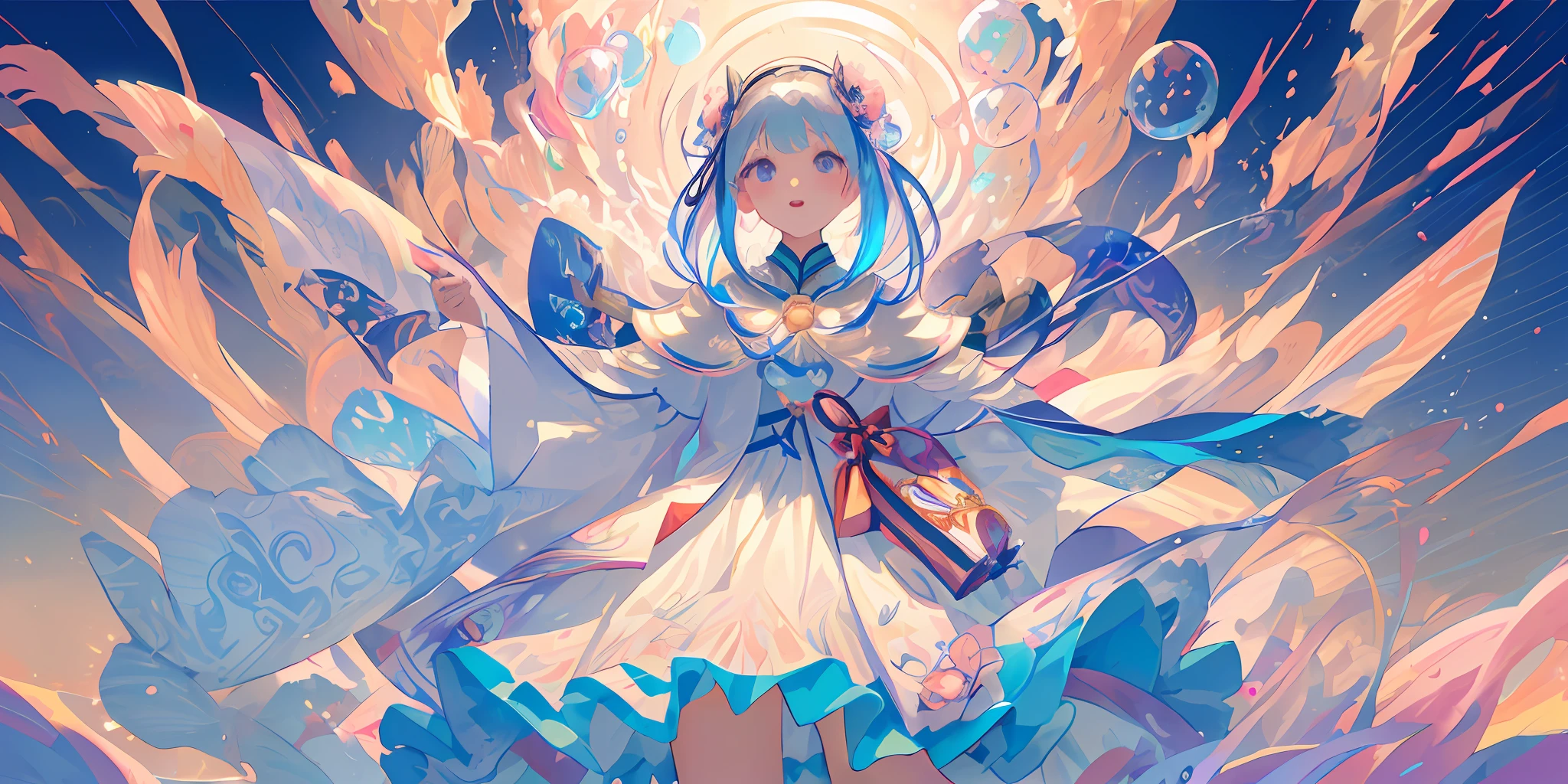 (masterpiece), (best quality), (ultra detailed),(乱发),(illustration), (1girl), (Fashionable clothing), standing,Fashion model, looking at viewer, (interview), (simple background), beautiful detailed eyes,精致美颜,Floating,(高饱和度),(colorful splashs),colorful bubble,(shining),focus on face, --V6