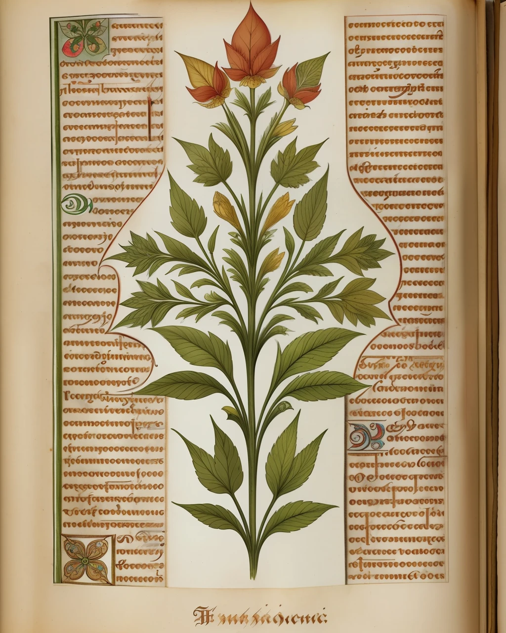 a medieval manuscript, herbal illustrations, detailed text, vignette, text, view from above, centred, extremely high details