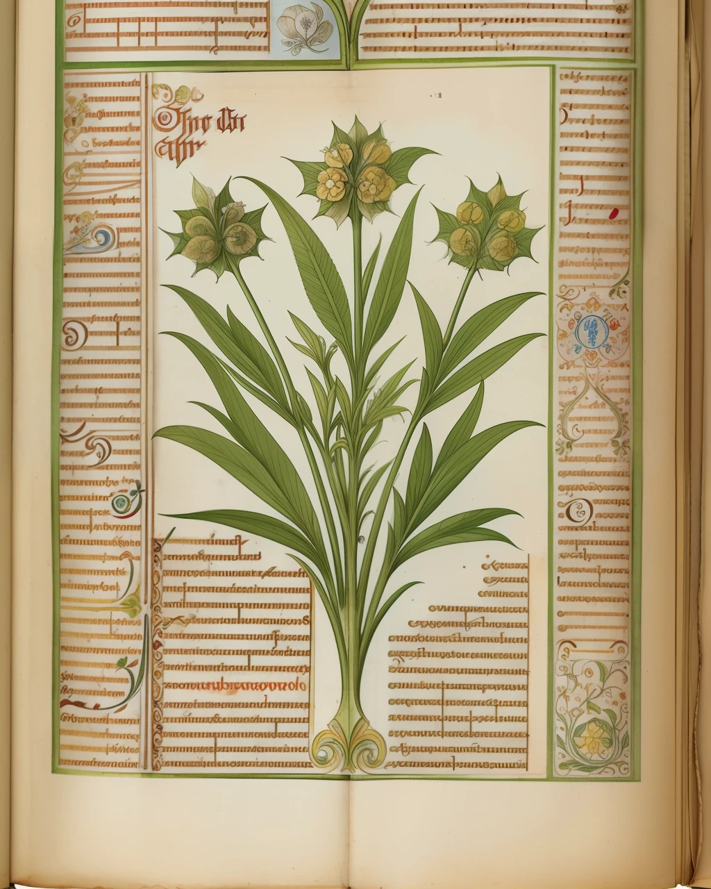 a medieval manuscript, herbal illustrations, detailed text, vignette, text, view from above, centred, extremely high details