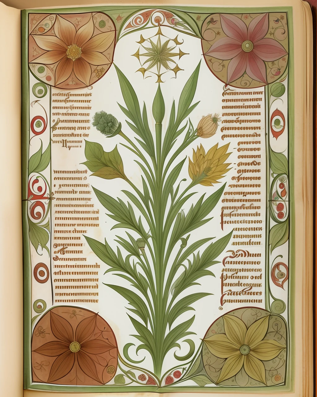 a medieval manuscript, herbal illustrations, detailed text, vignette, text, view from above, centred, extremely high details