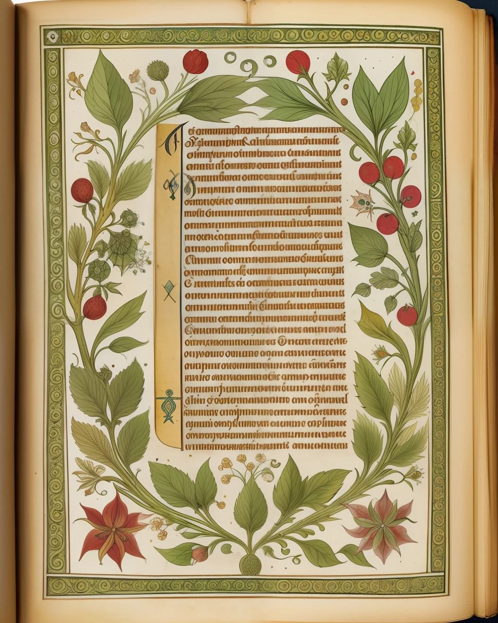 a medieval manuscript, herbal illustrations, detailed text, vignette, text, view from above, centred, extremely high details
