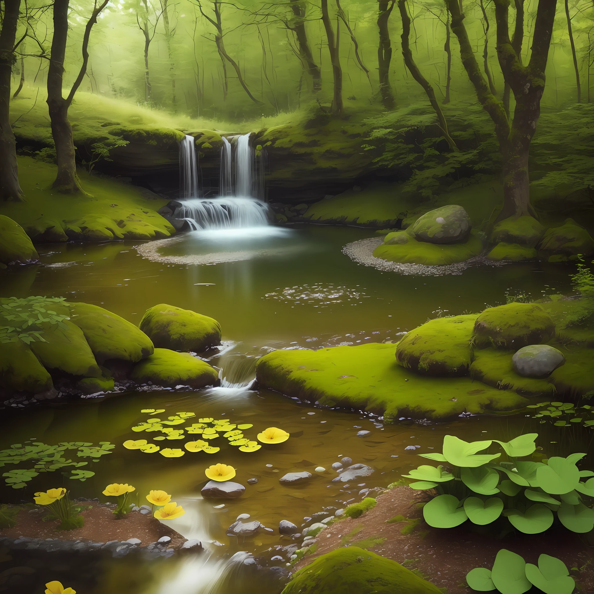(best quality)), (photos without people), in the forest, frogs, quiet pond, wildflowers by the water, creek, stones, moss,