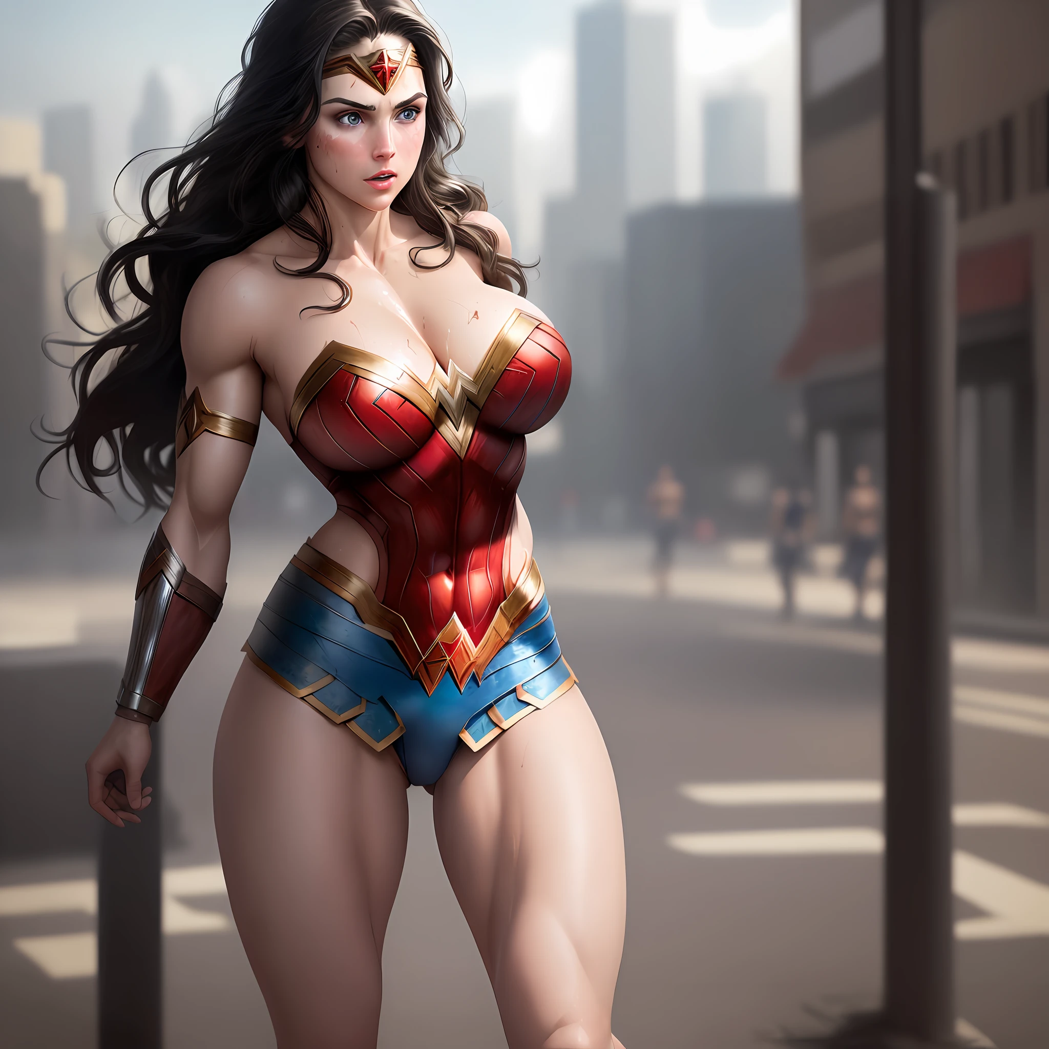 (Masterpiece:1.2), (Best Quality:1.2), Wonder Woman's photo, gorgeous realistic blue eyes, dark hair, muscular body, solo, full body, natural skin texture, sweat dripping down her face, legs and body, Soft Cinematic Lighting, Adobe Lightroom, City Background, Fighting Stance, Original Superhero Costume (bruises, dirty, ripped clothes, exposed clothes: 1.3), (big breasts: 1.2)