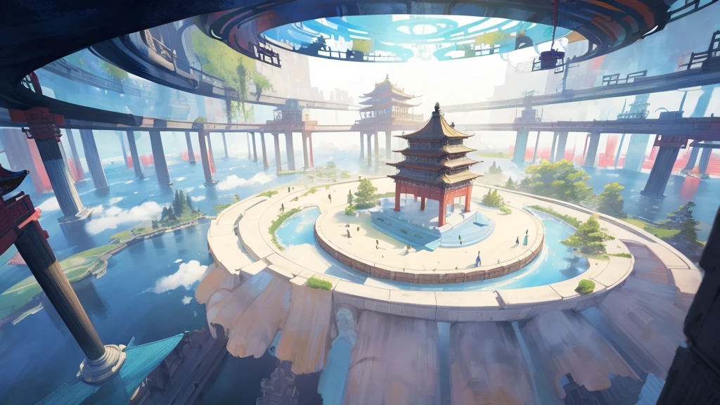 Game scene, high contrast, majestic, stalwart architecture, ancient Chinese palaces are located above the clouds, palaces, surrounded by clouds and strips, colorful rays of light, ((color ink)),((splash ink)),( (splash ink) ink) ink}) ), masterpiece, high quality, beautiful graphics, high detail, (extremely detailed CG unity 8k wallpaper), (best quality), (best illustration), (best shadows), super detail