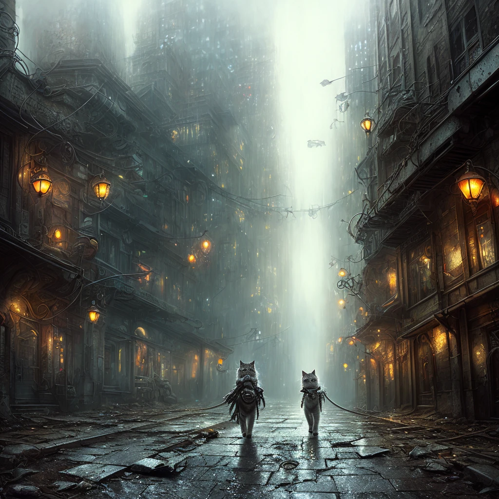 (ultra photorealistic: 1.3) image of a cute kitten in sci-fi armor walking down the alley of an apocalyptic city, abandoned, rtx, reflections, cinematic lighting, octane, 8k, best quality, masterpiece, illustration, apocalyptic city, destroyed, fire, debris, fog, detailed skin, full body, beautiful eyes, few electric lights, neon sign, rainy day, art by hr giger, tail