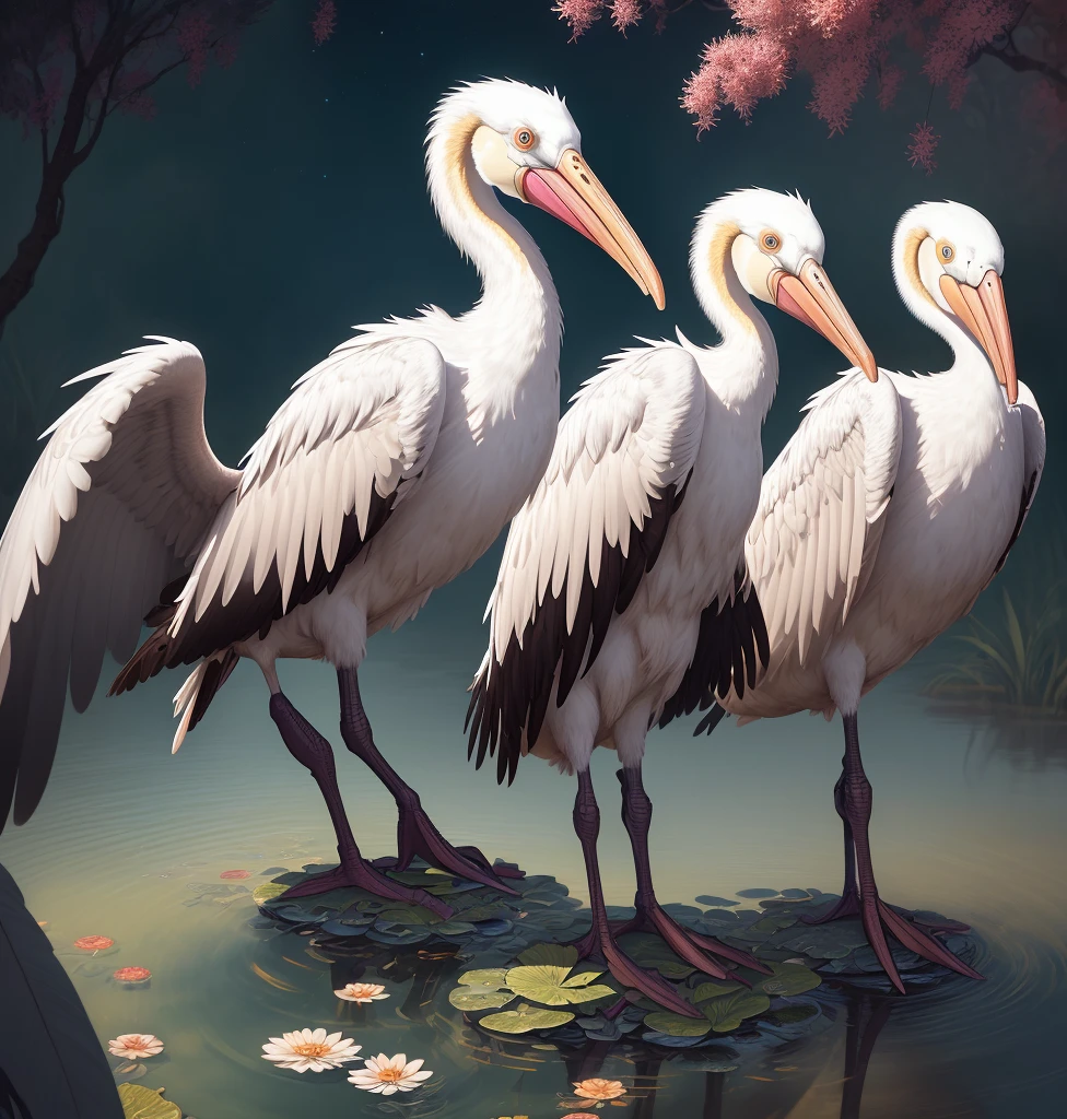 Art by Hendrik Hondius, Fascinating Pelicans in the Pond, Ultra HD detailed painting, Digital art, Jean-Baptiste Monge style, bright, beautiful, splatter, sparkle, cute, filigree, edge lighting, lighting, extreme, magic, surreal , fantasy, digital art, wlop, art budding and james jean, centering, symmetry, painting, complex, volumetric lighting, beautiful, rich dark toned masterpiece, sharp focus, super detailed, featuring dan munford and mark Simonetti's Style, Astrophotography
