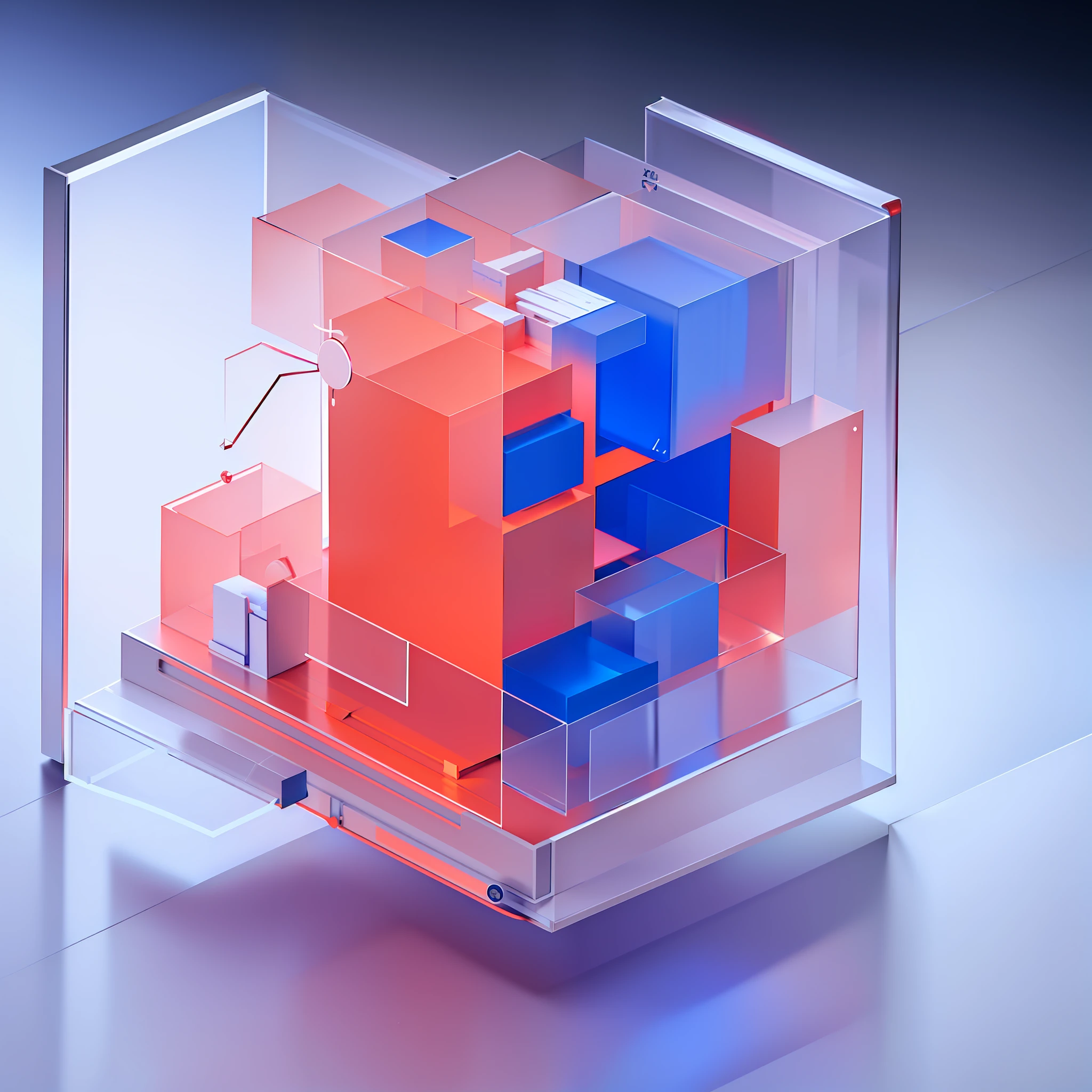 best quality, many details,4k,blender,octane render,C4D,transparent glass texture,DDicon,blue|orange, frosted glass, transparent technology sense, industrial design,white background,studio lighting, sunshine,flat, minimal,quasi-object，axisymmetric，Data, cylinder,file,