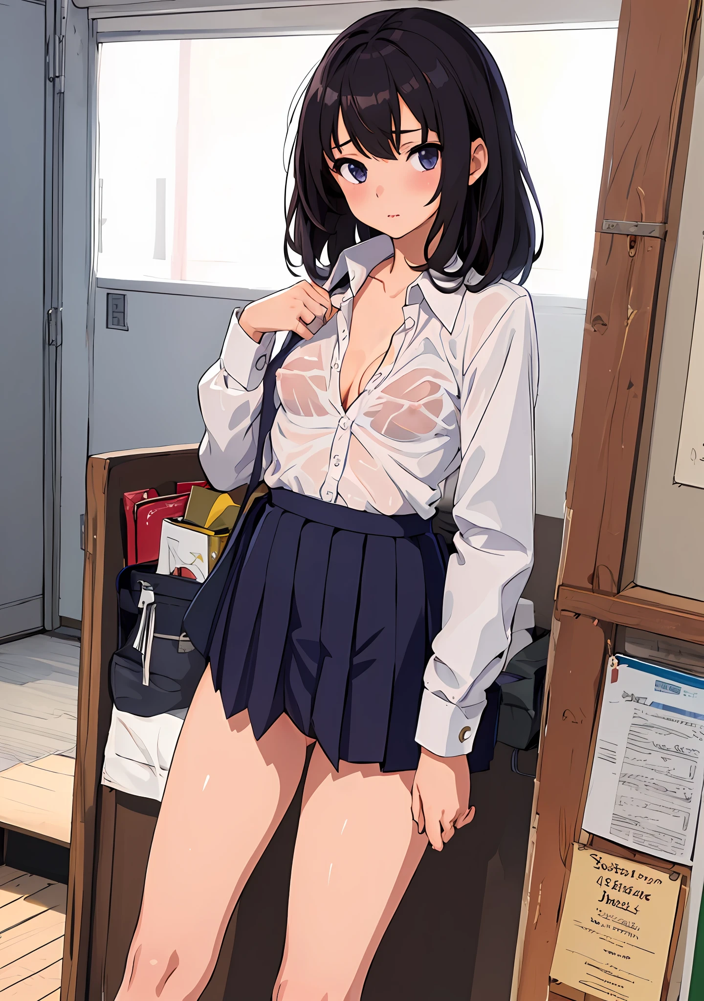 (masterpiece, best quality), 1girl, nsfw, schoolgirl uniform, shy, showing off, flat chest, cleavage, panties, see through, nipplesout, bra