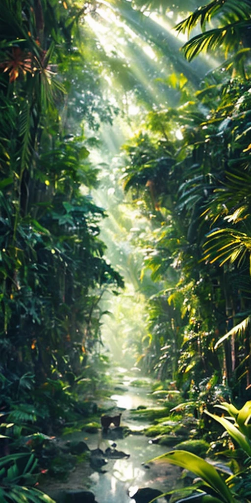 Beautiful scenery, hd wallpaper for mobile phone, real photo from the lens, aerial view, in a dense remote jungle with jungle wildlife and fauna, a small deer running by, winning photo, BLN-L24, exposure, high contrast, Low saturation, high saturation 8k 3D, F 2.8 footage, aerial view, film lighting