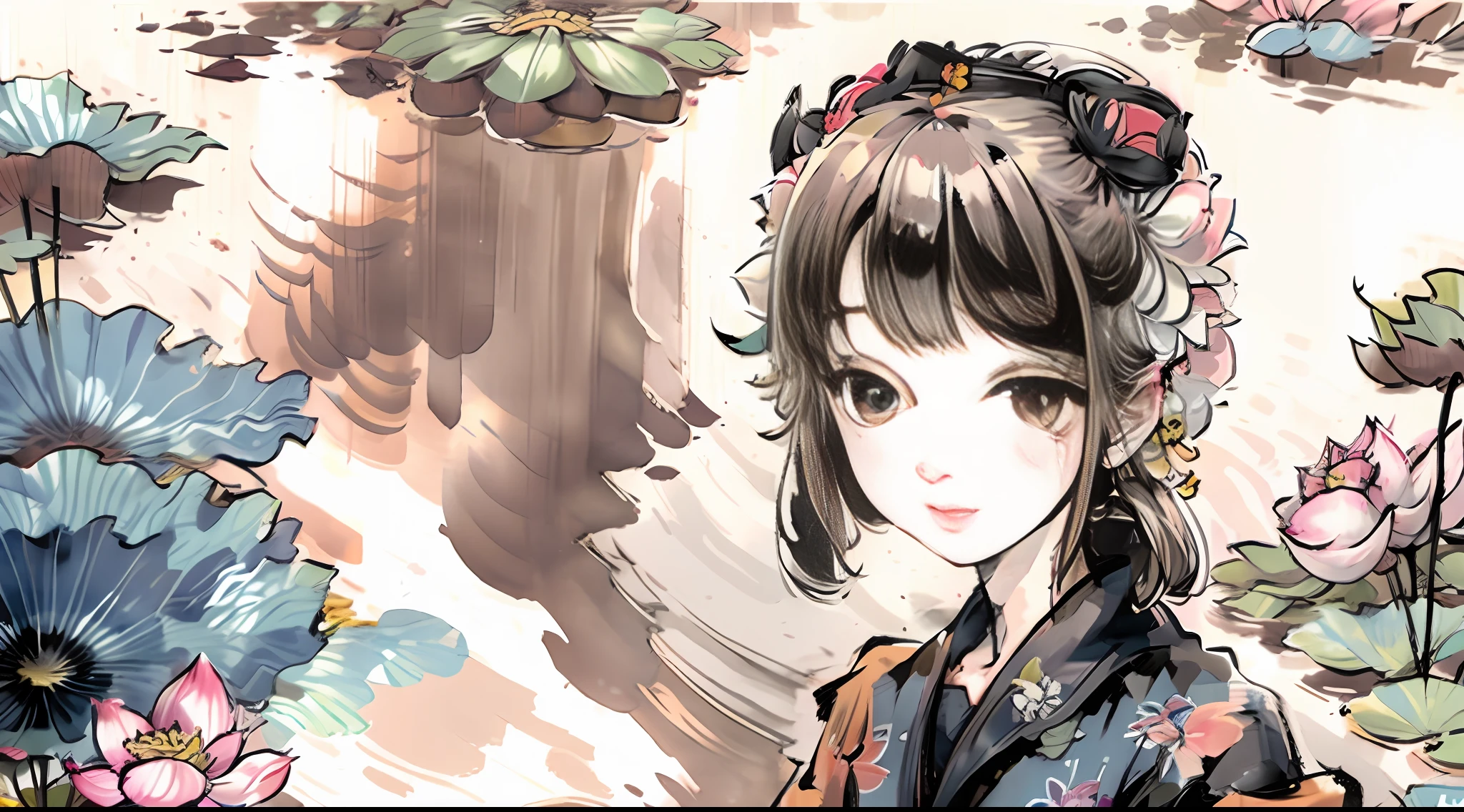 A young girl stands in a lotus pond with many koi fish
