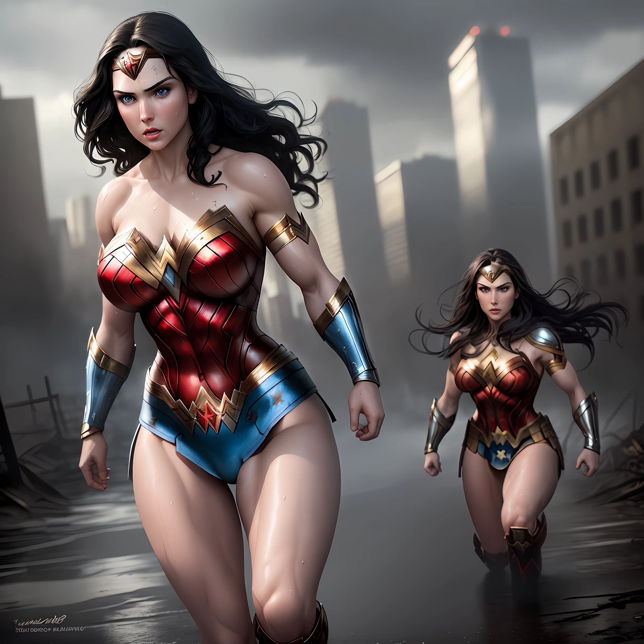 Photo of Wonder Woman, gorgeous realistic round blue eyes, dark hair, muscular body, solo, full body, natural skin texture, face, legs and body sweat dripping, soft cinematic lighting, Adobe Lightroom, ruined city background , moody and gloomy atmosphere with black background, fighting posture, original superhero costume, (big breasts: 1.3)