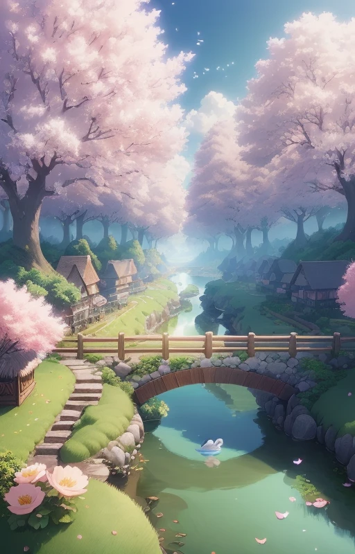 , best quality, (very detailed CG unity 8k wallpaper) (best quality), (best illustration), (best shading) (Hayao Miyazaki style) village nature beauty vibrant color petals in floating in the air