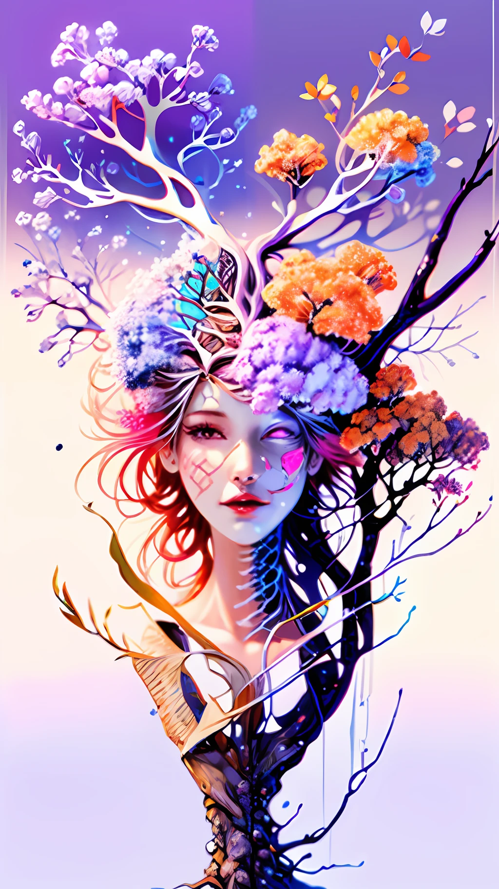 Full body, gray background, (section: 1.2), ((purple and orange colors)), anatomy, bone, skin, bone, rib, growth, leaf, branch on the head, branch, fractal, DNA, helix, butterfly, branch arm, leg