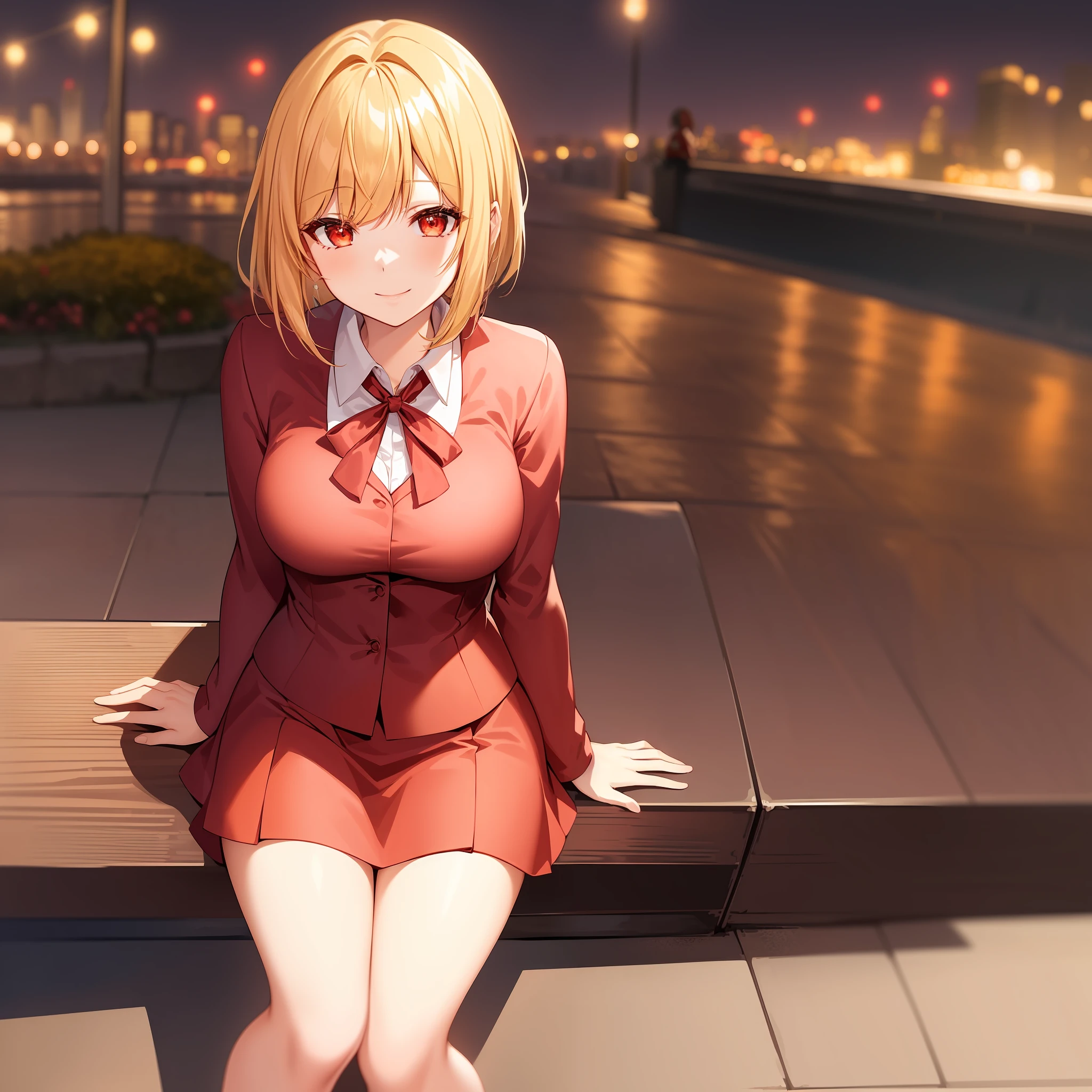 (masterpiece:1.2), (best quality:1.2), perfect lighting, 1girl, chisato nishikigi, lycoris recoil, sitting on a bench, city backdrop, smiling, looking at viewer, daylight, short hair, bob hair, blonde hair, red lycoris uniform, red eyes, solo, anime girl in a red coat and skirt with a red ribbon, yandere, anime moe artstyle, full body zenkai!