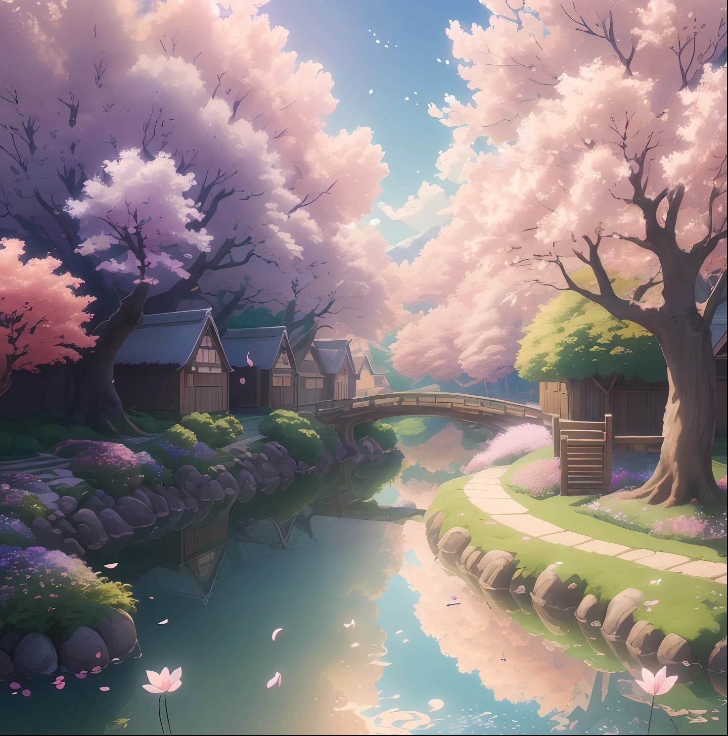 Masterpiece, best quality, (very detailed CG unity 8k wallpaper) (best quality), (best illustration), vibrant colors, Hayao Miyazaki style village vibrant colors petals floating in the air