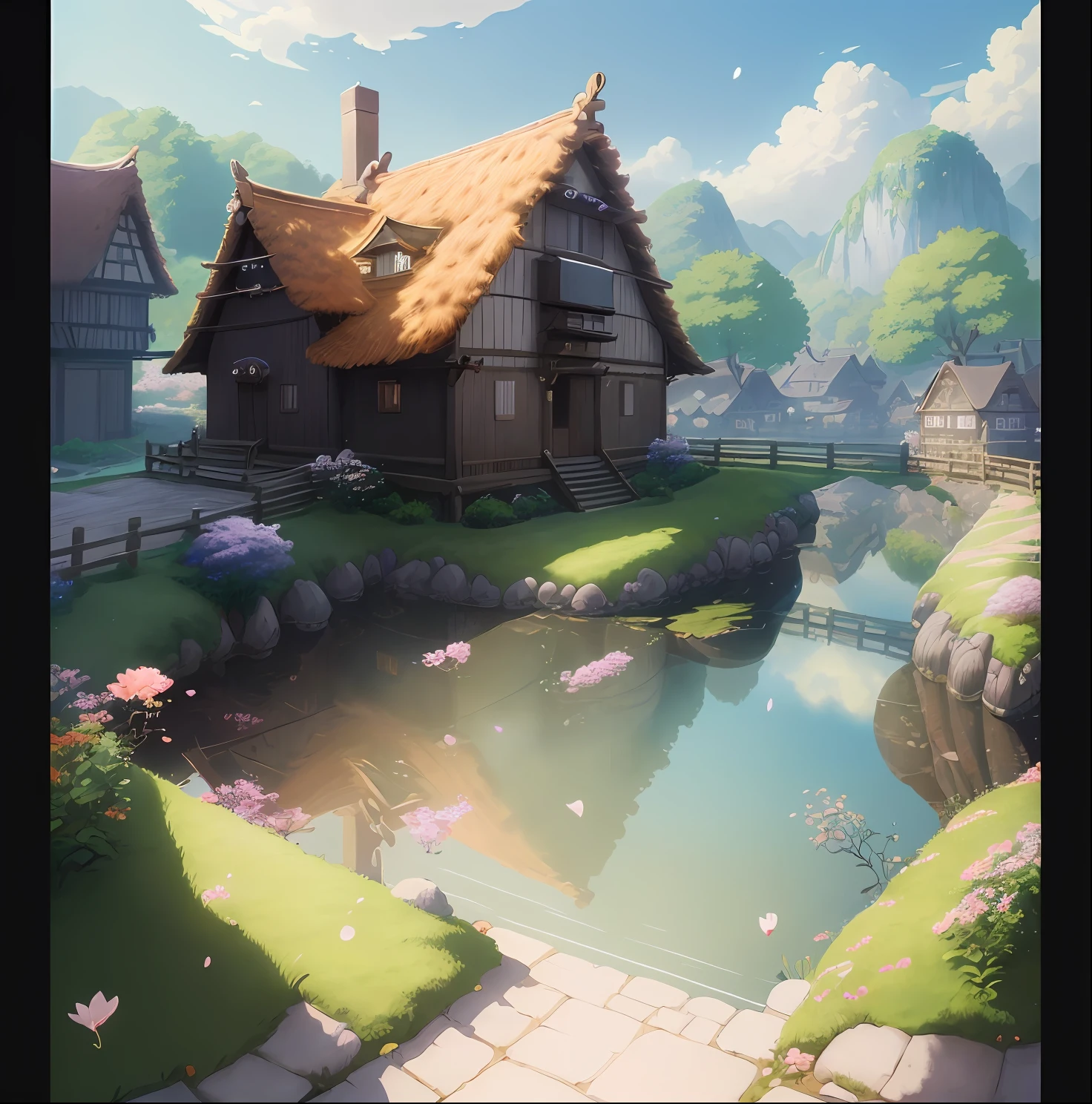 Masterpiece, best quality, (very detailed CG unity 8k wallpaper) (best quality), (best illustration), vibrant colors, Hayao Miyazaki style village vibrant colors petals floating in the air