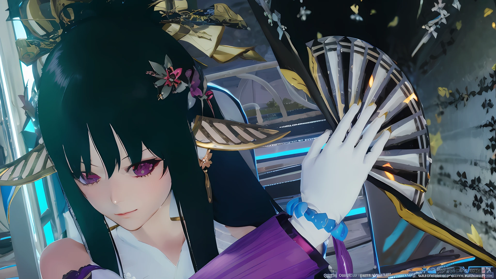 anime character with black hair and purple dress holding a fan, twintails white_gloves, shalltear bloodfallen, from the azur lane videogame, azur lane style, black - haired mage, shalltear from overlord, pc screenshot, ayaka genshin impact, inspired by Okumura Masanobu, albedo texture, fan in hand