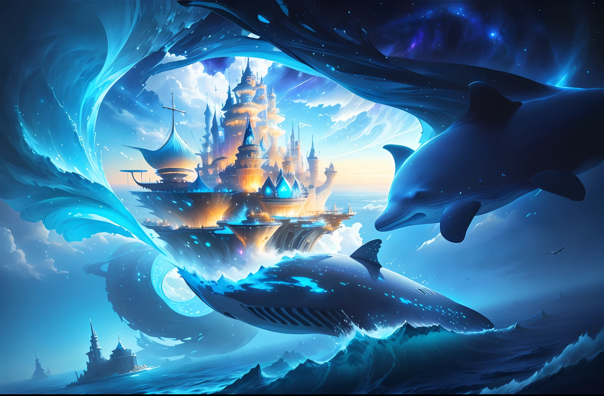 Space magic whale, concept art magic highlights, vernadskys noosphere, floating city in the sky, metaverse concept art, magical ocean, floating city on clouds, galaxy whale, huge floating castle, digital dreamland, magical fantasy 2d concept art, amazing concept art --v 6
