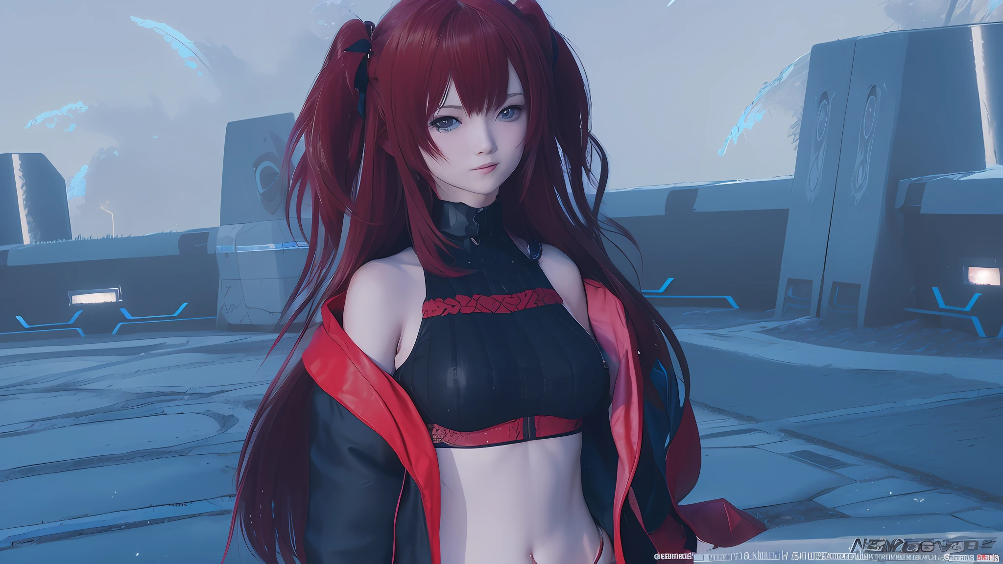 anime girl with red hair and black outfit standing in front of a building, render of april, asuka suit under clothes!, katana zero video game character, pink twintail hair and cyan eyes, 8 k character details, photorealistic anime girl render, asuka, render of a cute 3d anime girl, rings asuka iwakura station game, red aura