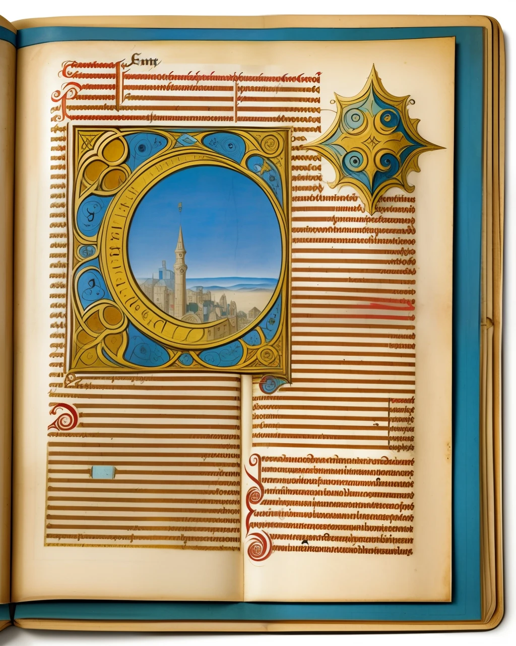 a medieval manuscript, illuminated manuscript, detailed text, vignette, text, view from above, centred, extremely high details