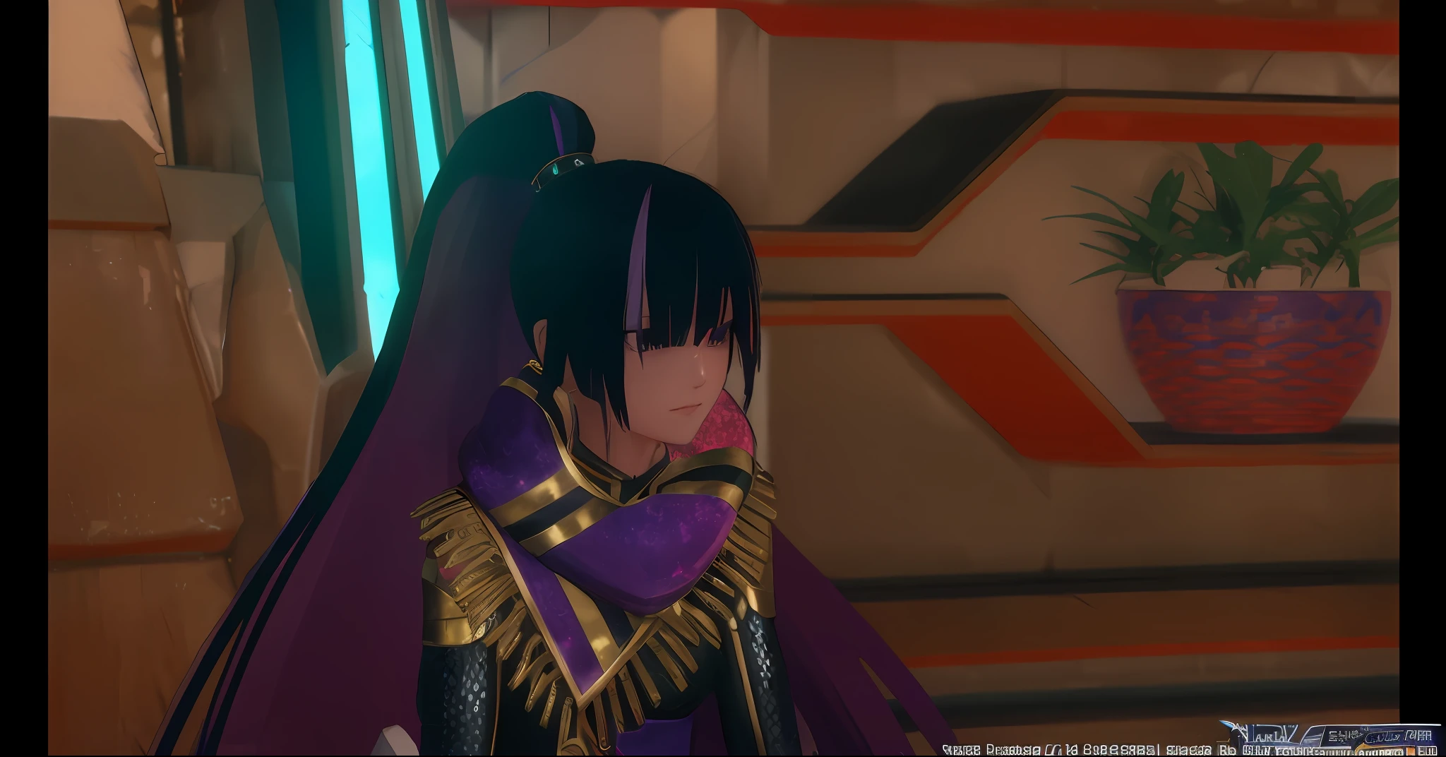 a close up of a person in a purple outfit with a purple cape, black hime cut hair, fuchsia skin beneath the armor, ayaka genshin impact, black fire color reflected armor, 8 k detail, 8k detail, black - haired mage, but the armor covers her face, morrigan, the hime cut, character close up, rin, Nadereh phantasy star online 2 new genesis